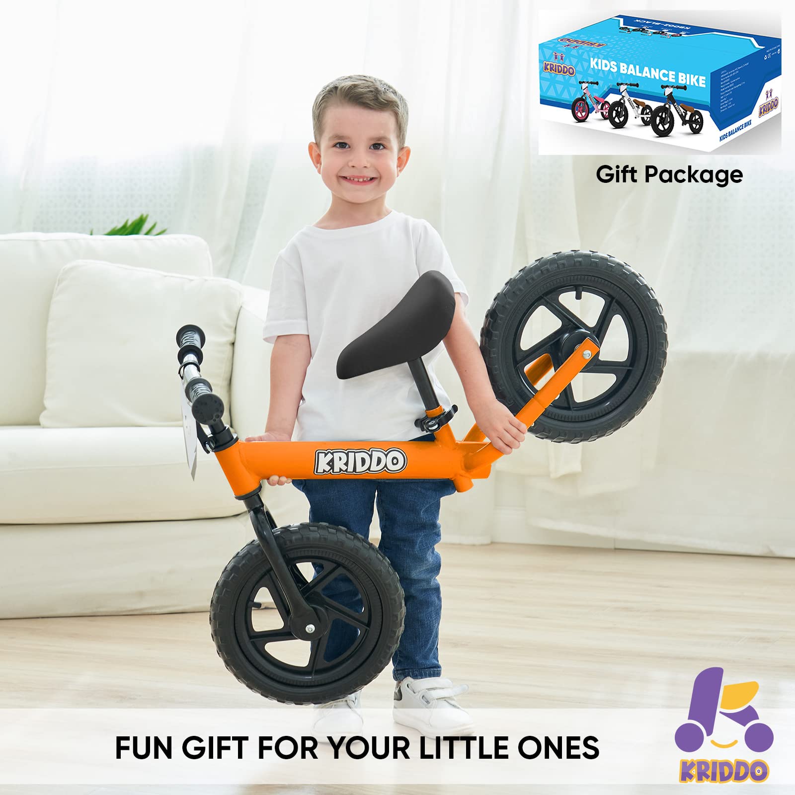 KRIDDO Orange Balance Bike for Toddlers with Customizable Plate (18 Months - 3 Years)