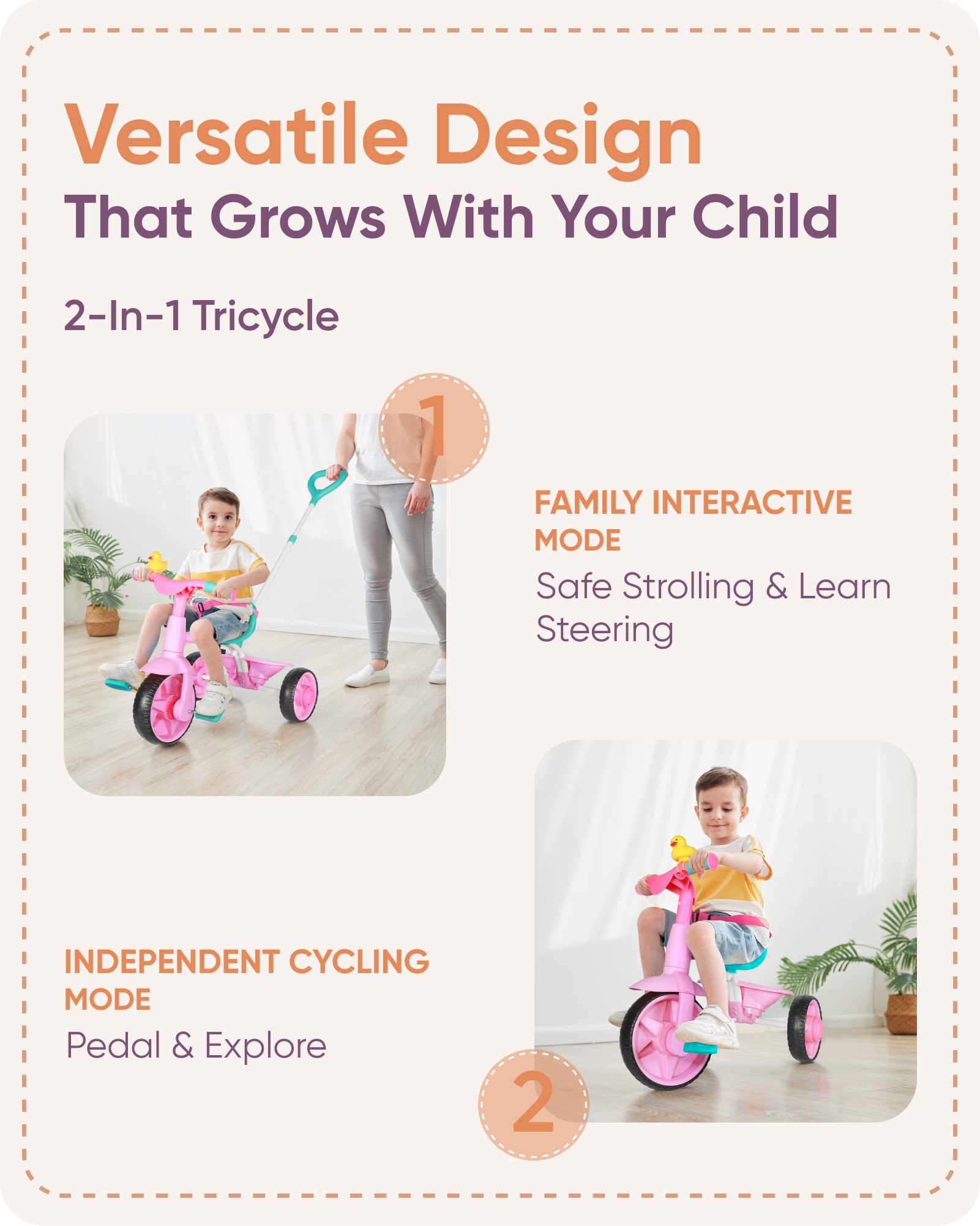 KRIDDO Pink 2 in 1 Kids Tricycle for Toddlers Aged 18 to 36 Months