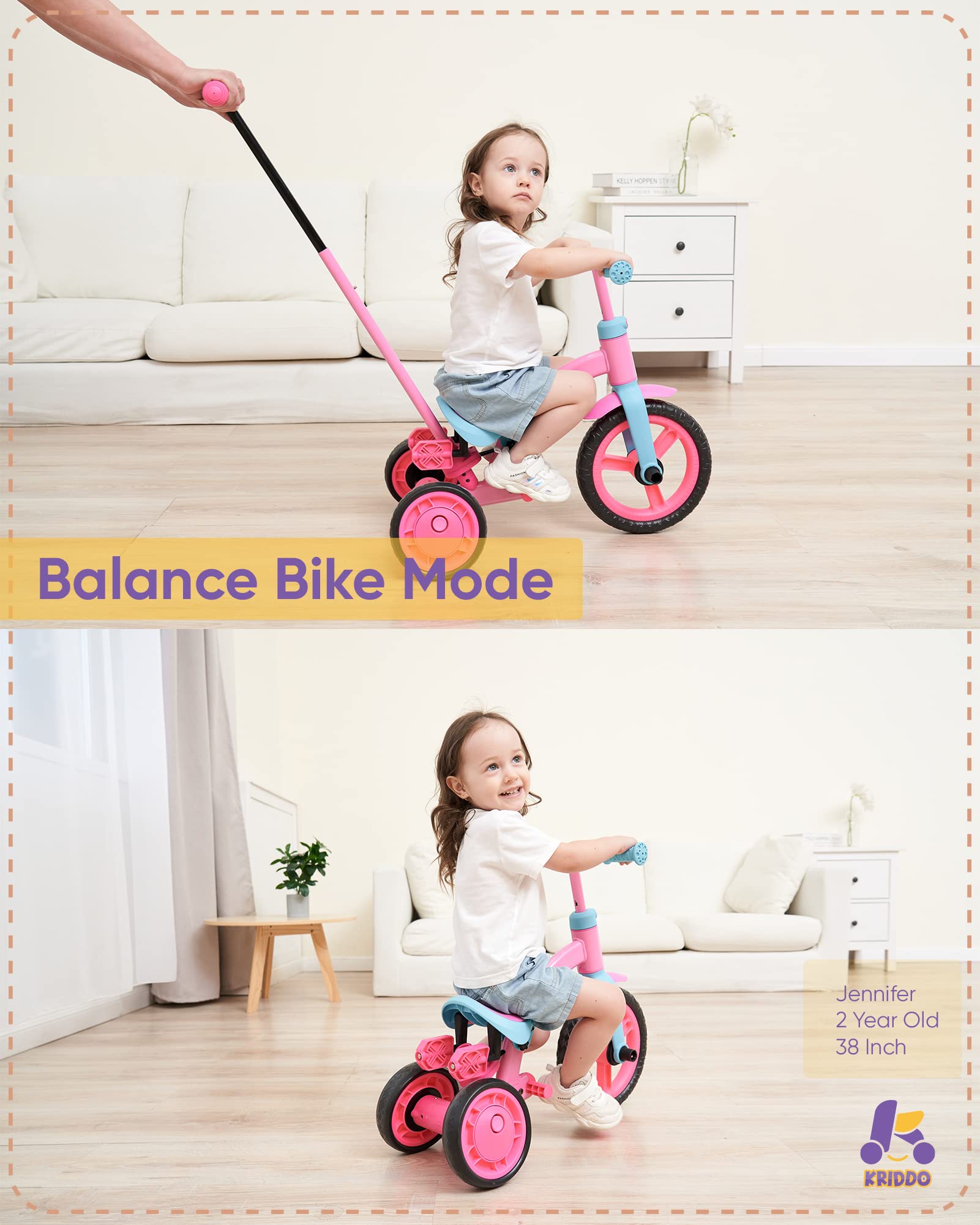 KRIDDO Pink 4 in 1 Tricycle for Toddlers Aged 1.5 to 3 Years