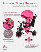 Kriddo 8-in-1 Kids Tricycle with bell and Adjustable Seat for 18 Months to 5 Years Old Pink