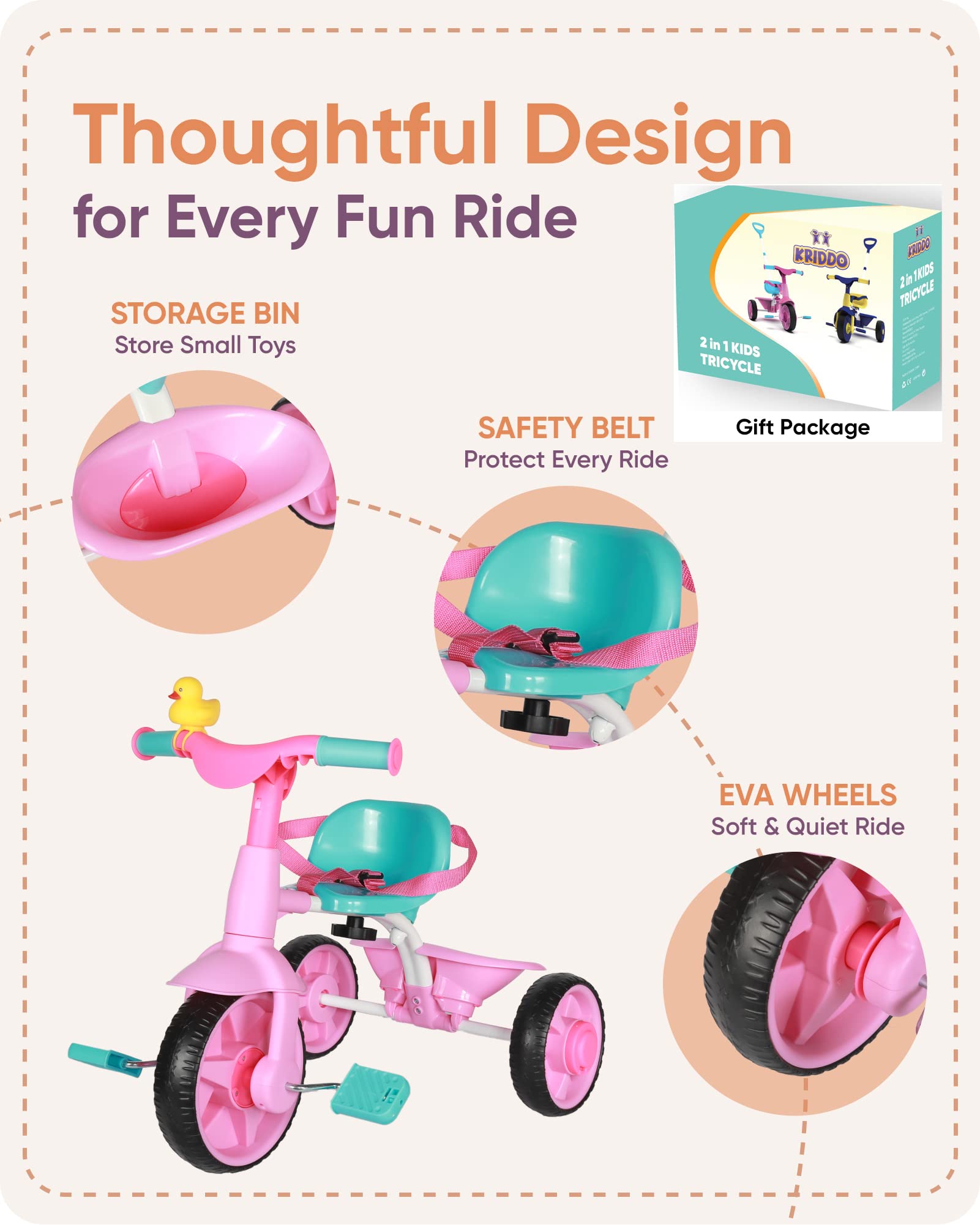 KRIDDO Pink Tricycle 2 in 1 for Toddlers from 18 Months to 3 Years