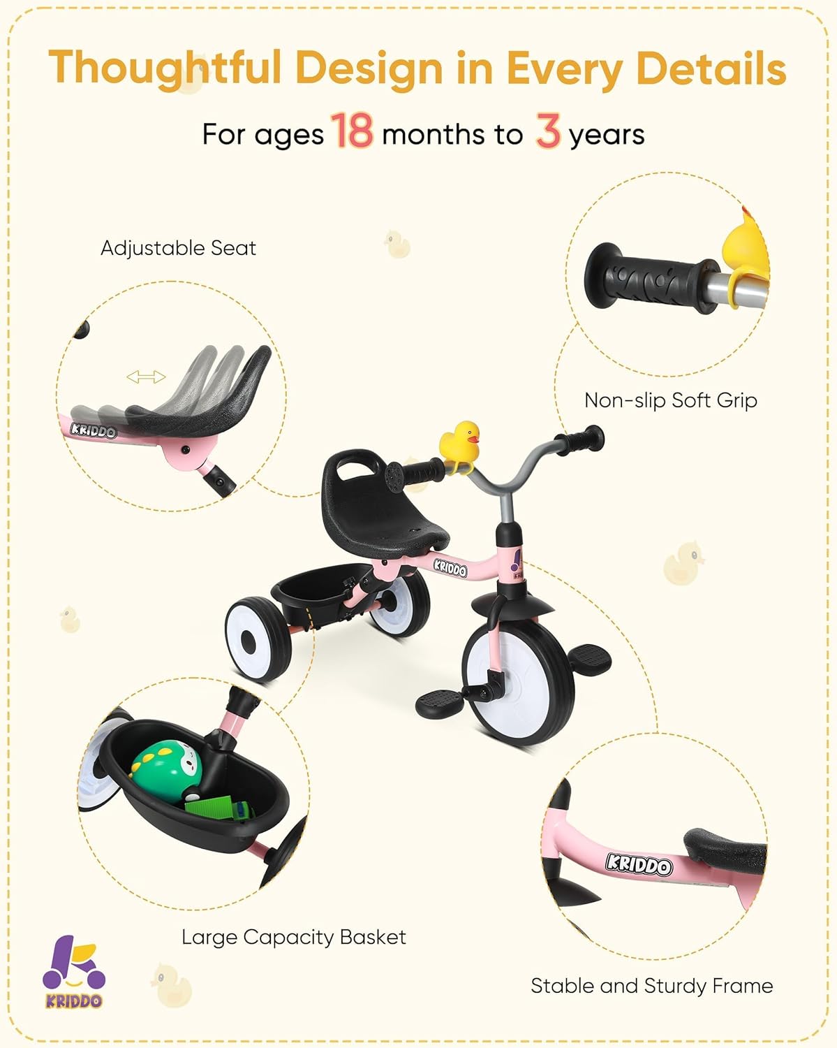 KRIDDO Pink Tricycle for Toddlers with Foldable Frame and Storage Basket 18 Months to 3 Years