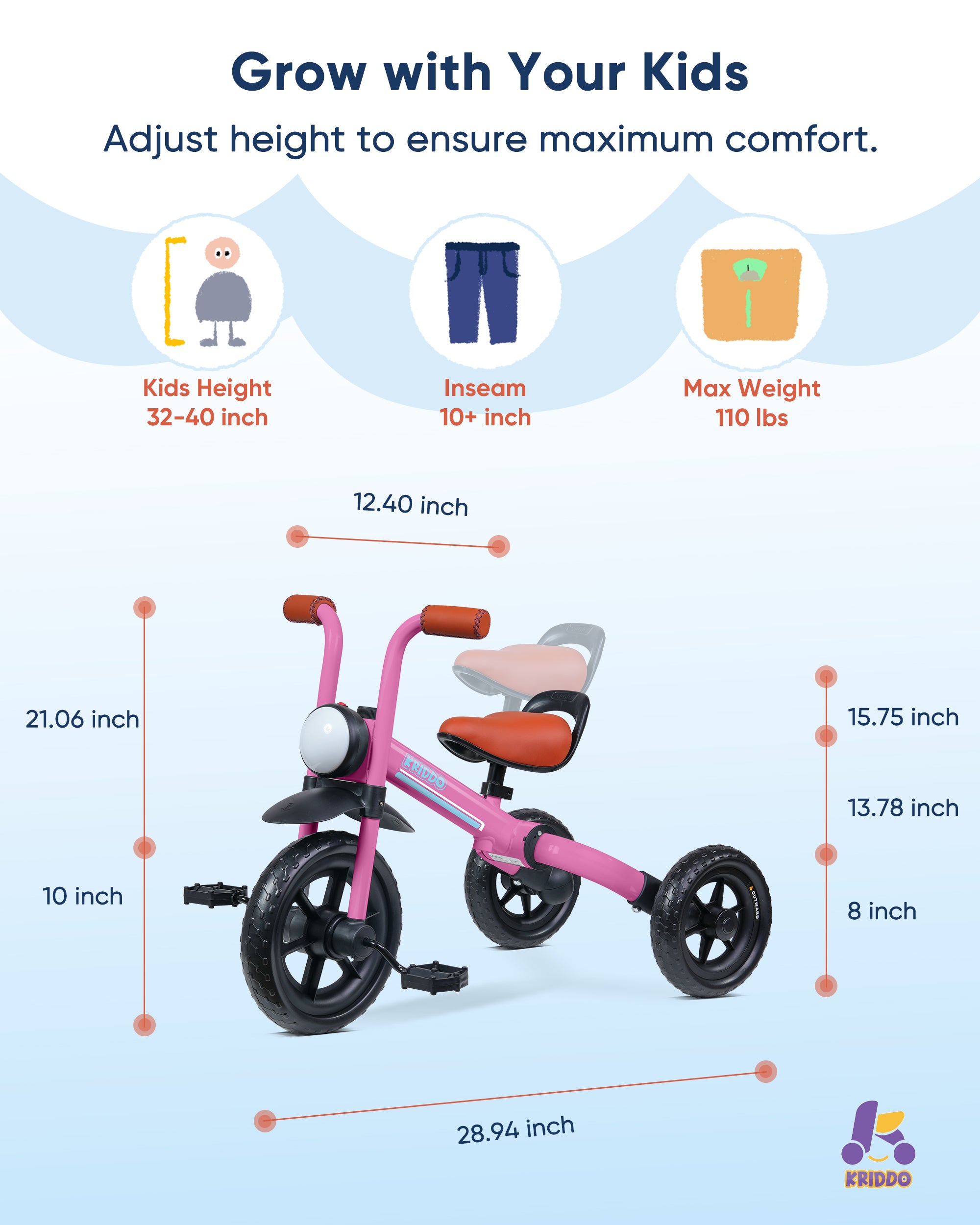 KRIDDO Kids Foldable Tricycle with Headlight