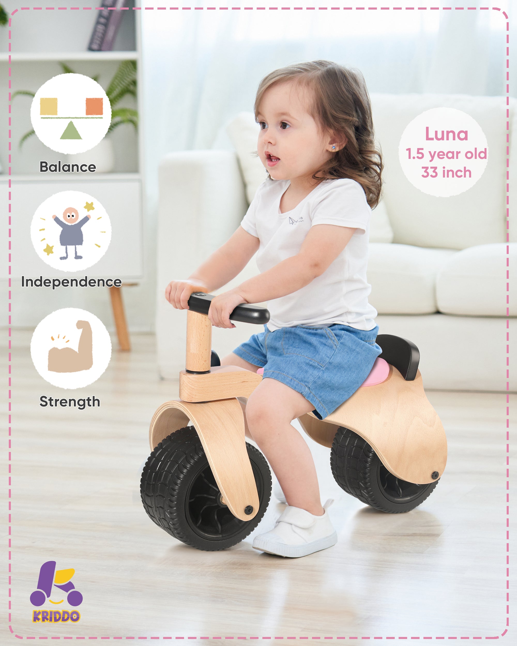 KRIDDO Pink Wooden Balance Bike for 1 to 3 Year Old Babies