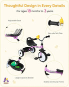 KRIDDO Purple Foldable Tricycle with Basket for Toddlers Aged 18 to 3 Years