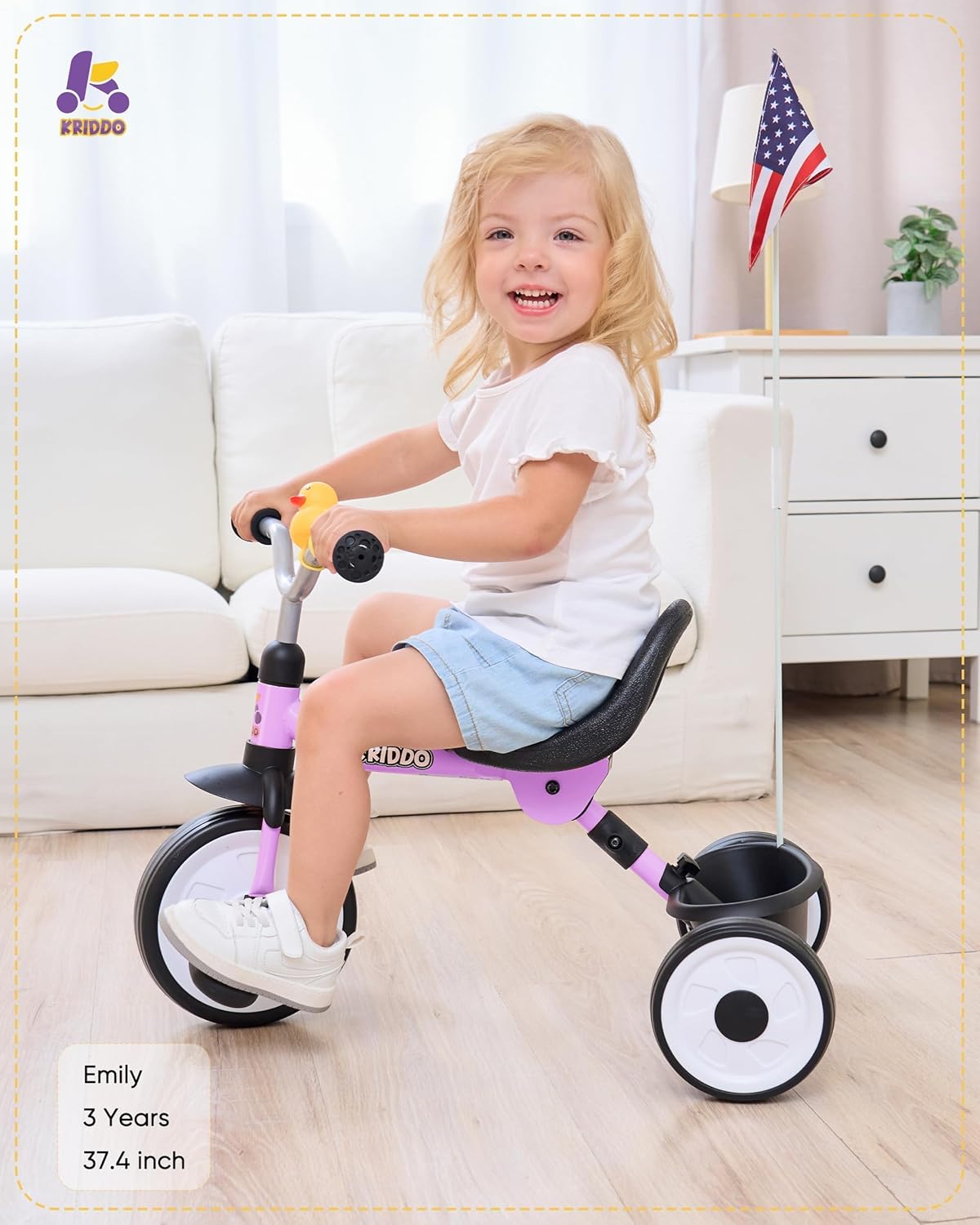 KRIDDO Purple Foldable Tricycle with Storage Basket for Toddlers 18 Months to 3 Years