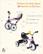 KRIDDO Purple Tricycle with Basket for Kids 18 Months to 3 Years Foldable Design
