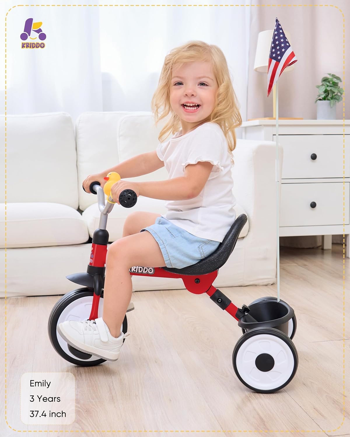 KRIDDO Red Foldable Tricycle with Storage Basket for Toddlers 18 Months to 3 Years