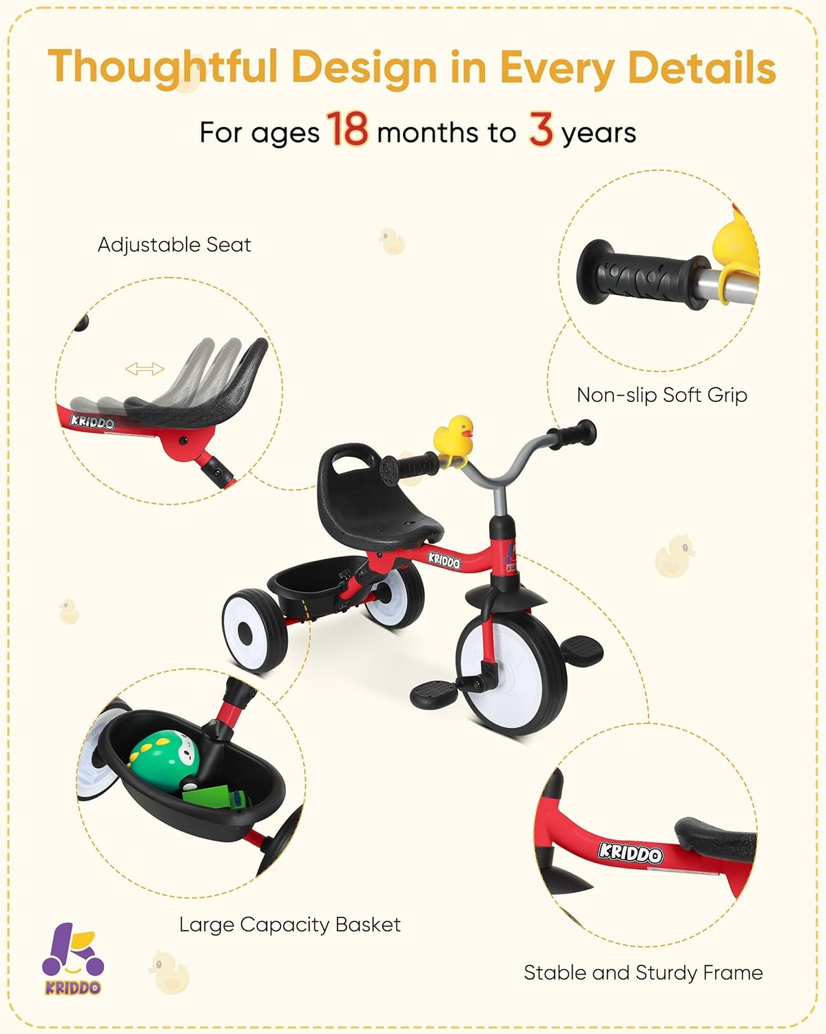 KRIDDO Red Tricycle for Toddlers with Foldable Design and Storage Basket 18 to 3 Years