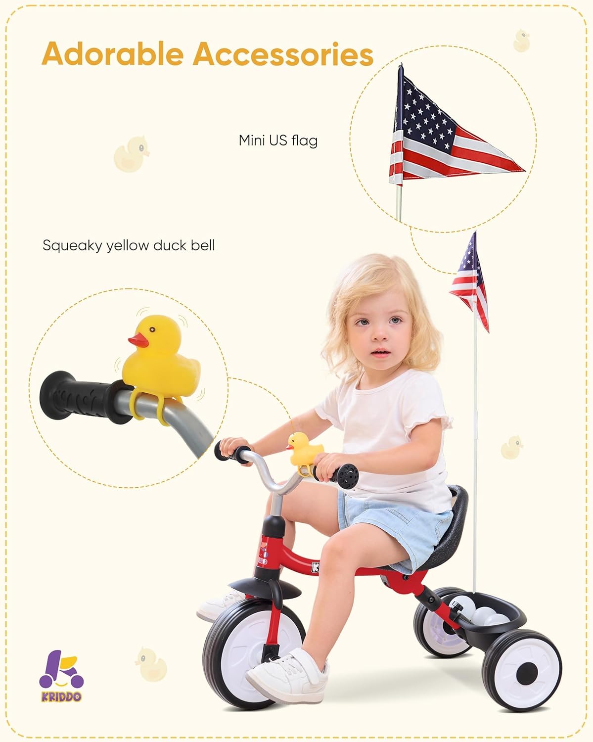 KRIDDO Red Tricycle with Foldable Frame and Basket for Children Aged 18 Months to 3 Years