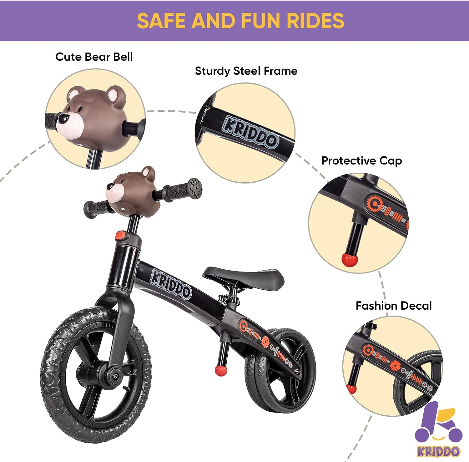 KRIDDO Toddler Balance Bike Black Dual Design for 18 Months to 5 Years
