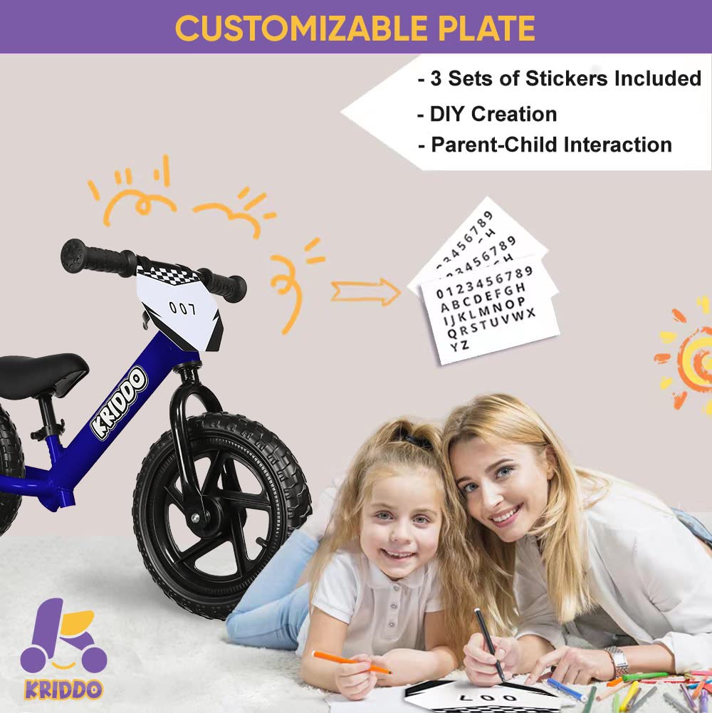 KRIDDO Toddler Balance Bike 2 Year Old Age 18 Months to 5 Years Old 12 inch Push Bicycle with Customize Plate 3 Sets of Stickers included Steady