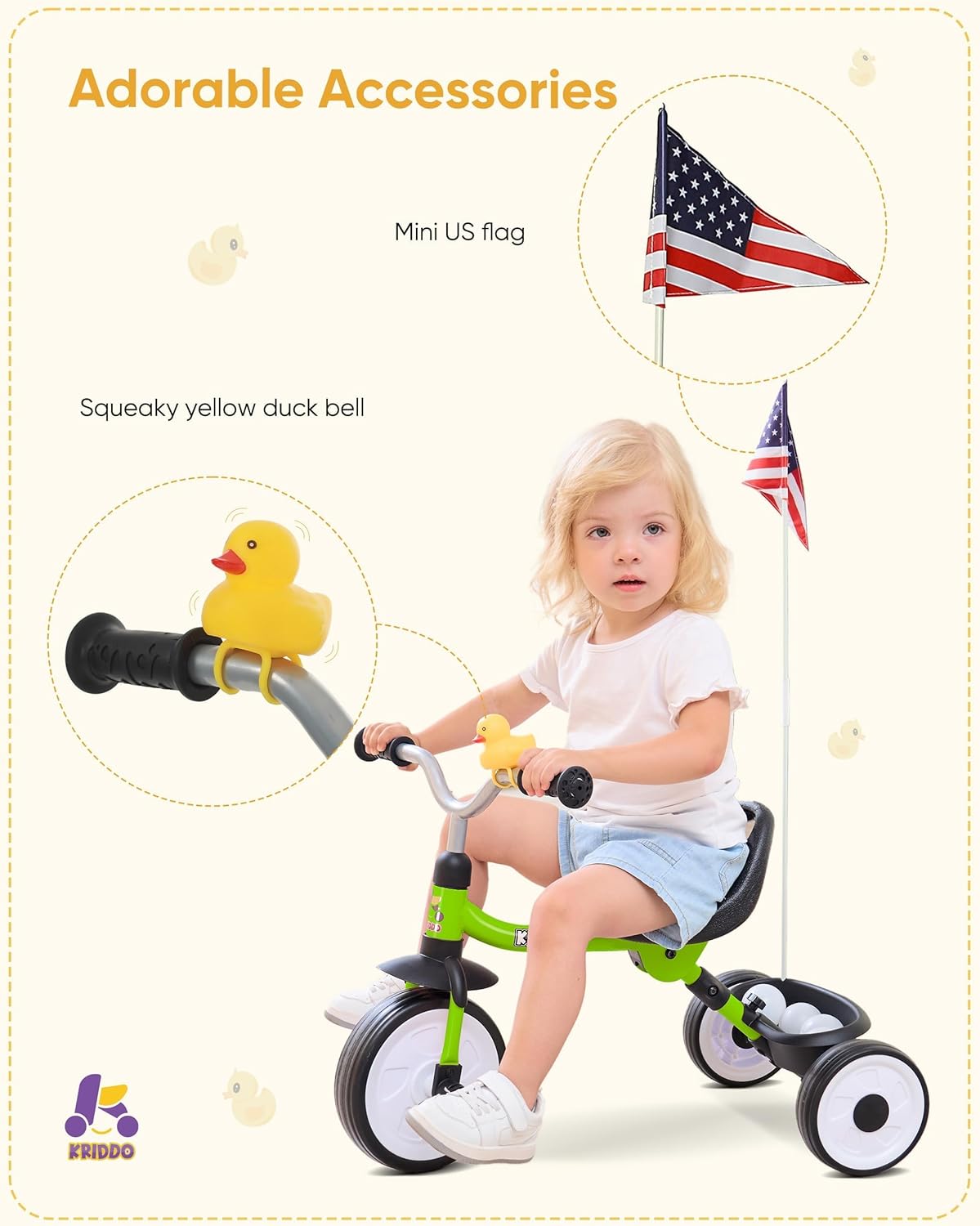 KRIDDO Toddler Tricycle with Foldable Frame and Basket – Green (18-3 Years)