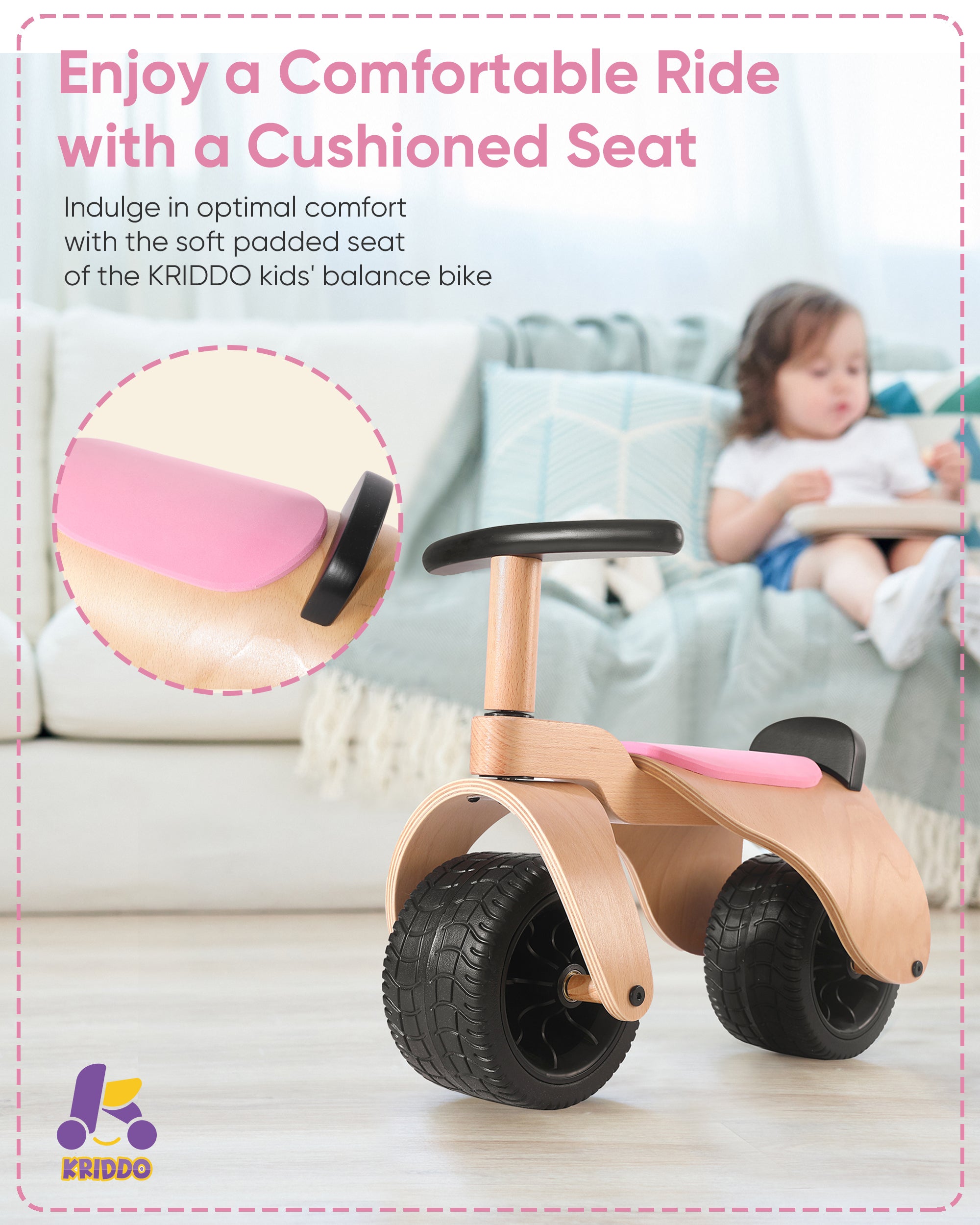 KRIDDO Wooden Balance Bike for Toddlers Ages 1 to 3 in Pink