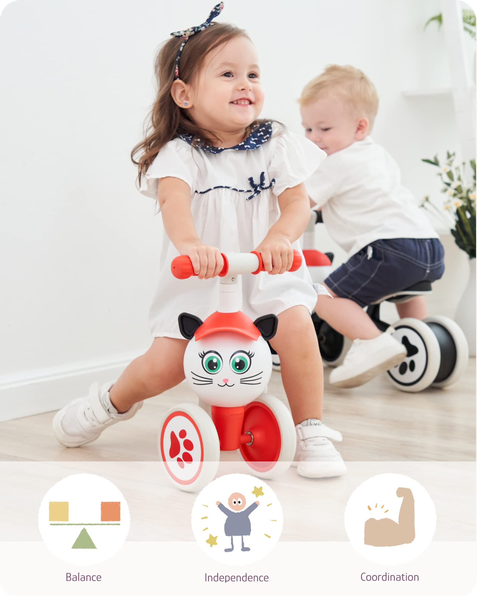 KRIDDO Baby Balance Bike for 1-2 Year Old Boy and Girl, Toddler Mini Bike for One Year Old First Birthday Gifts Baby Toys 12 Months to 2 Year Old Ride-on Toys Gifts Indoor Outdoor Balance Bike, Kitten
