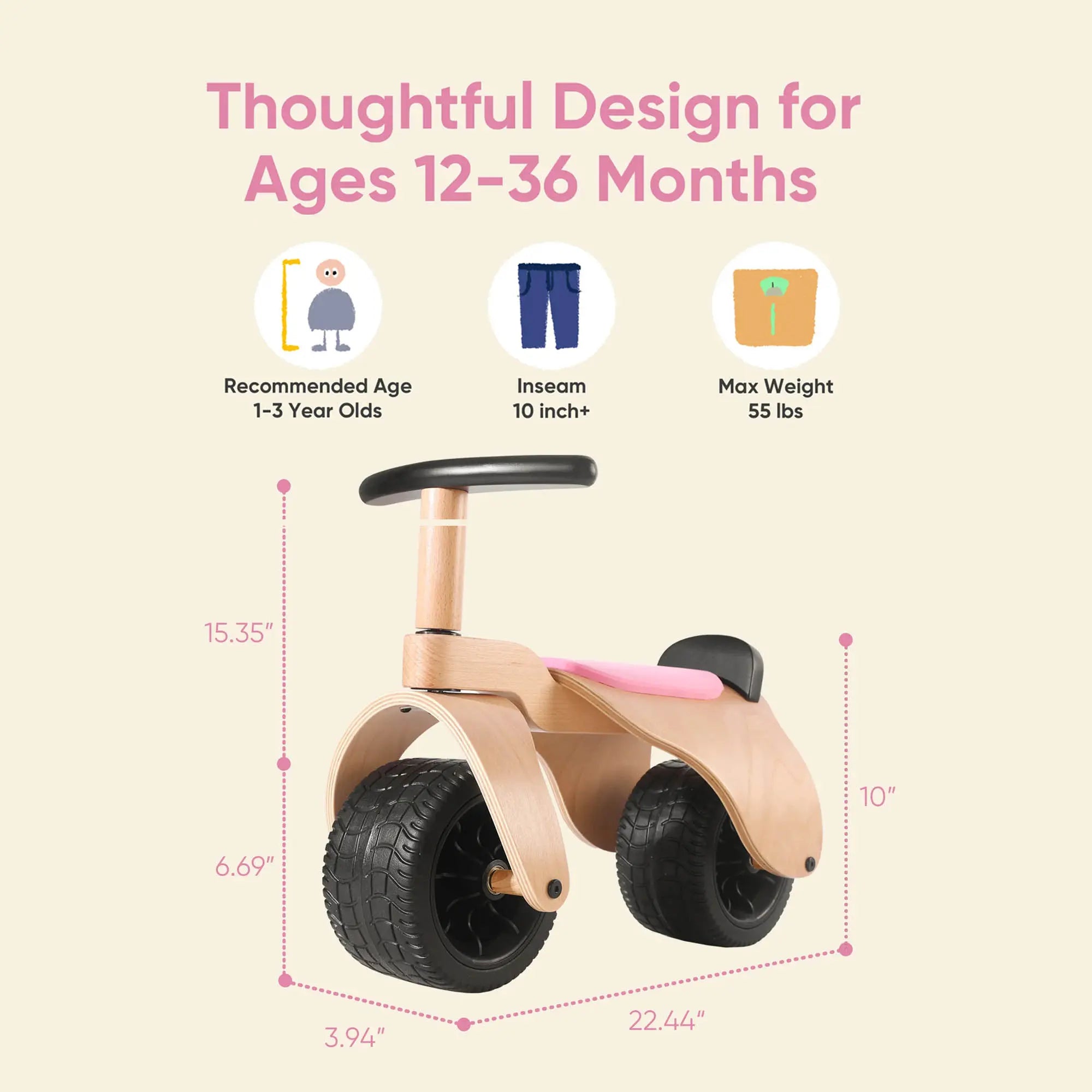 KRIDDO Baby Wooden Balance Bike for 1 To 3 Years Old Pink