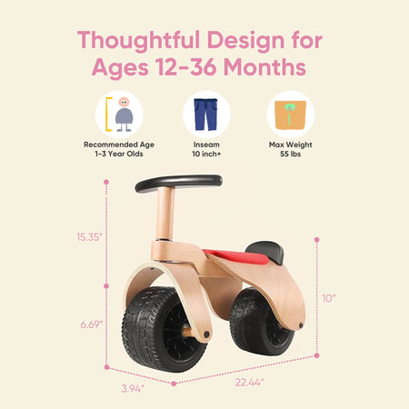 KRIDDO wooden baby balance bike with dimensions and age recommendations 