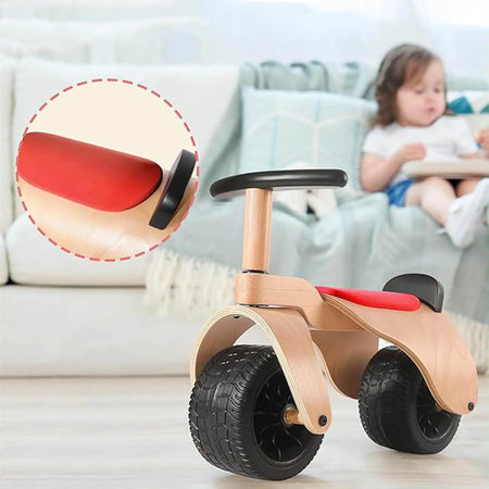 KRIDDO baby balance bike with wooden frame and red seat
