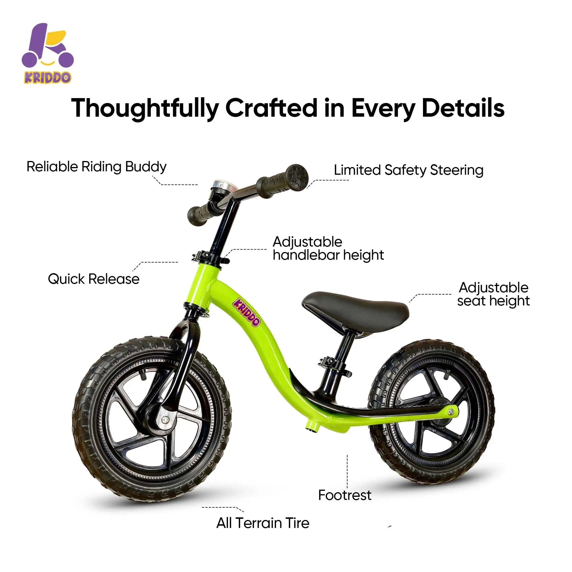 KRIDDO green balance bike with bell features