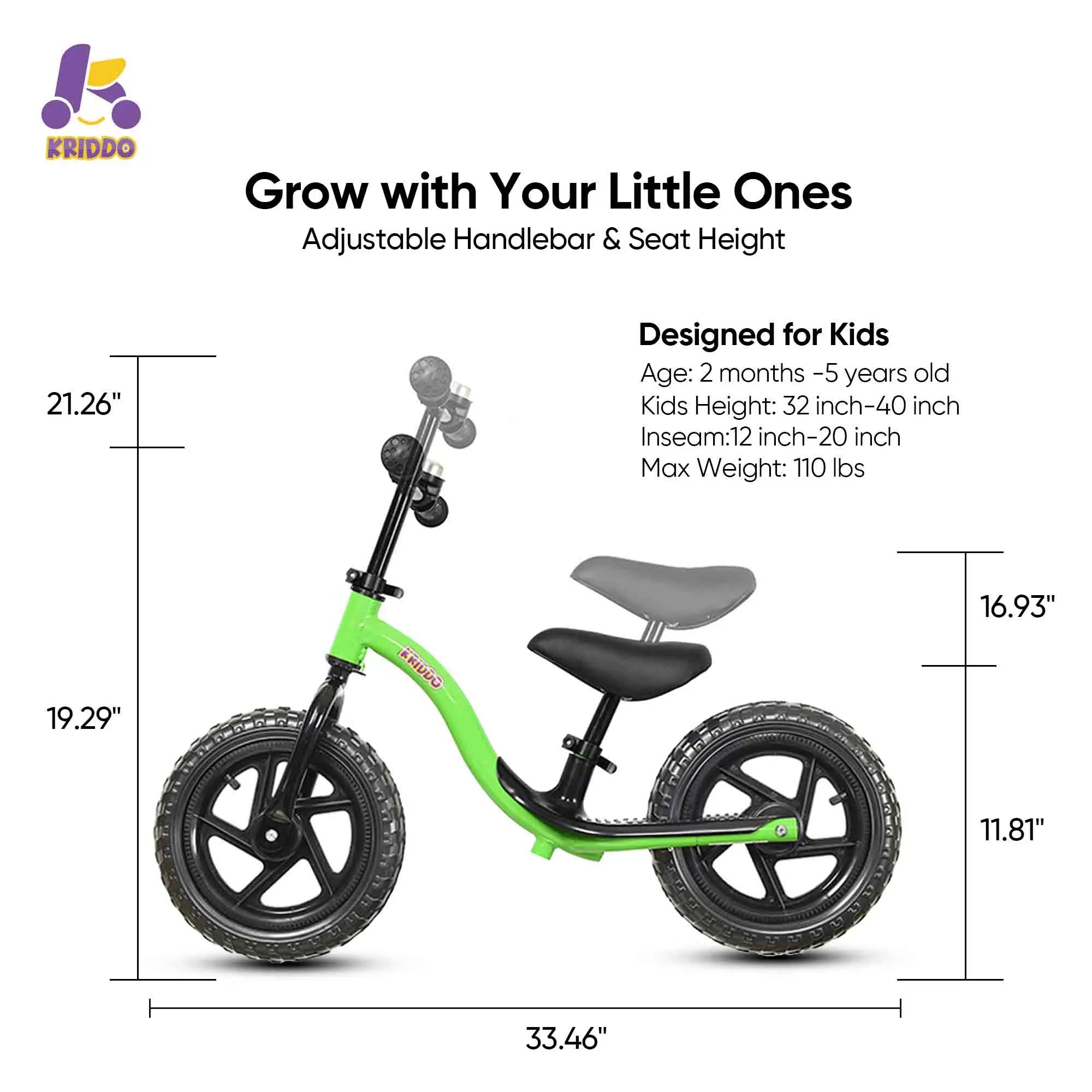 Green balance bike with measurements and design features