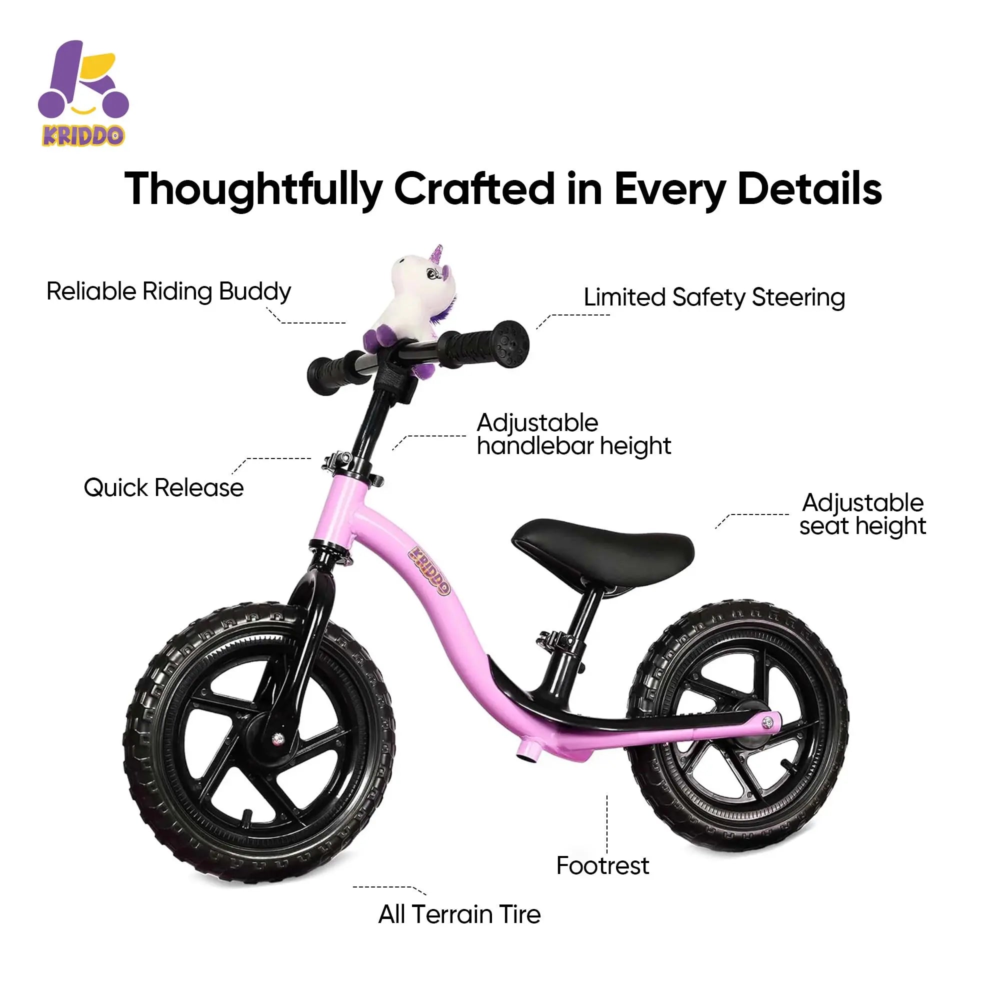 KRIDDO purple toy balance bike features