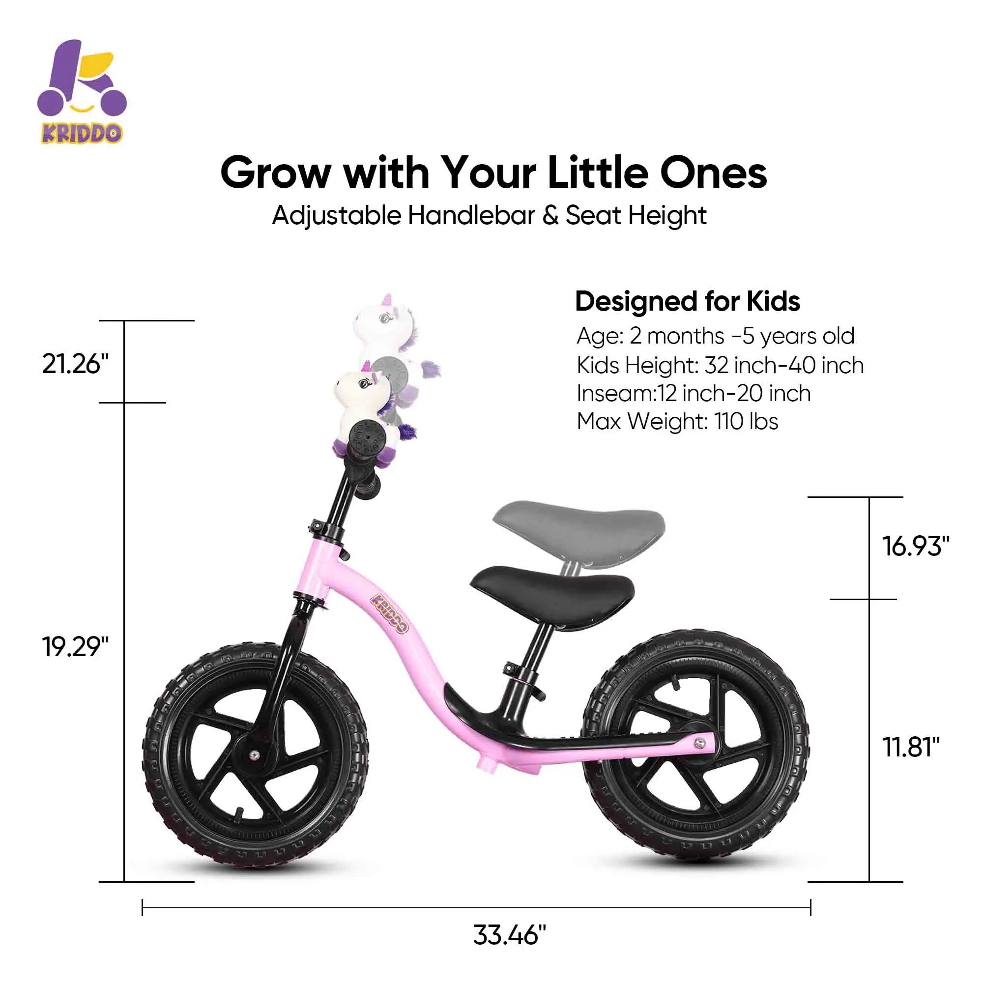 KRIDDO purple unicorn balance bike with dimensions and features