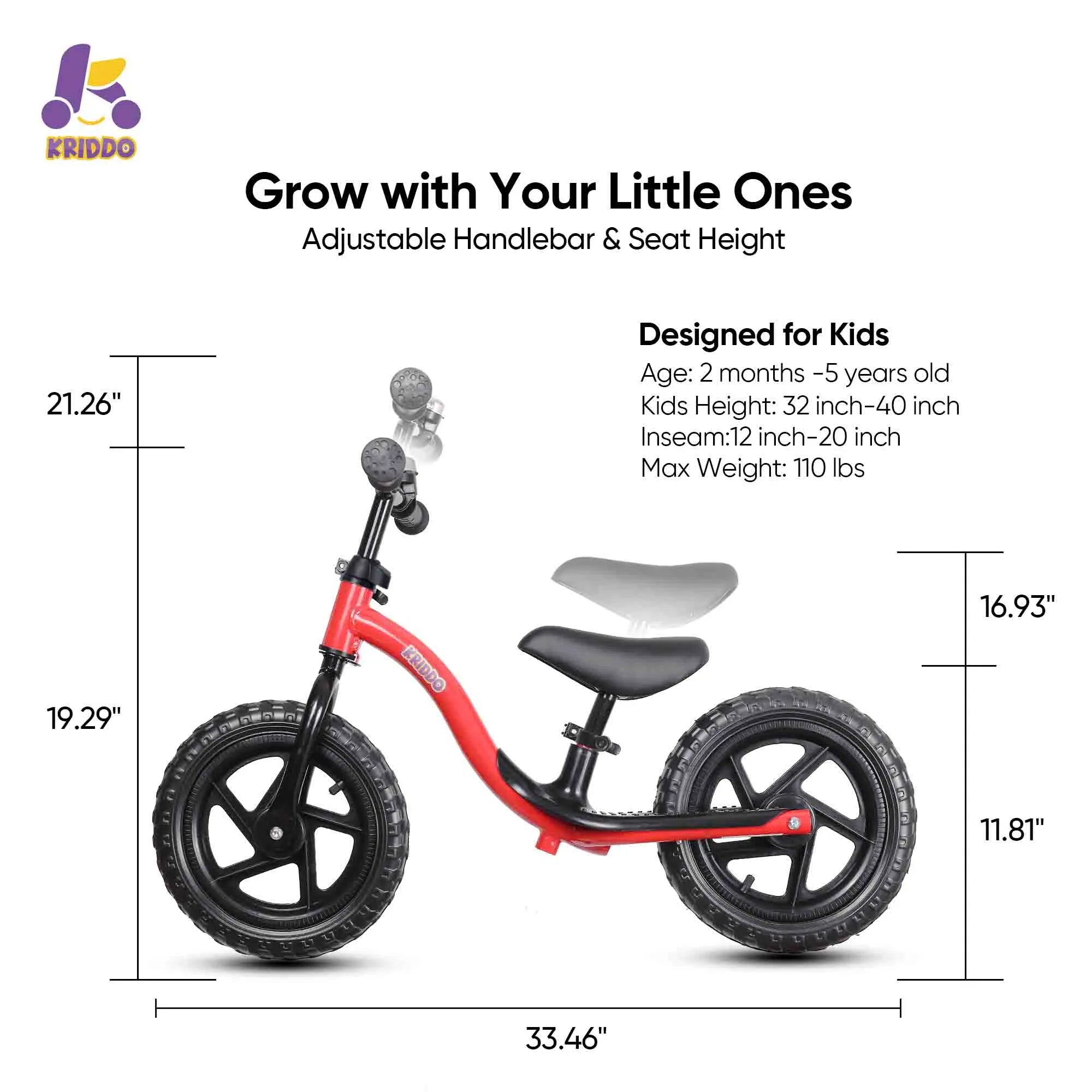 KRIDDO Toddler Balance Bike with Ride On Toys for 2 to 5 Years Old Red