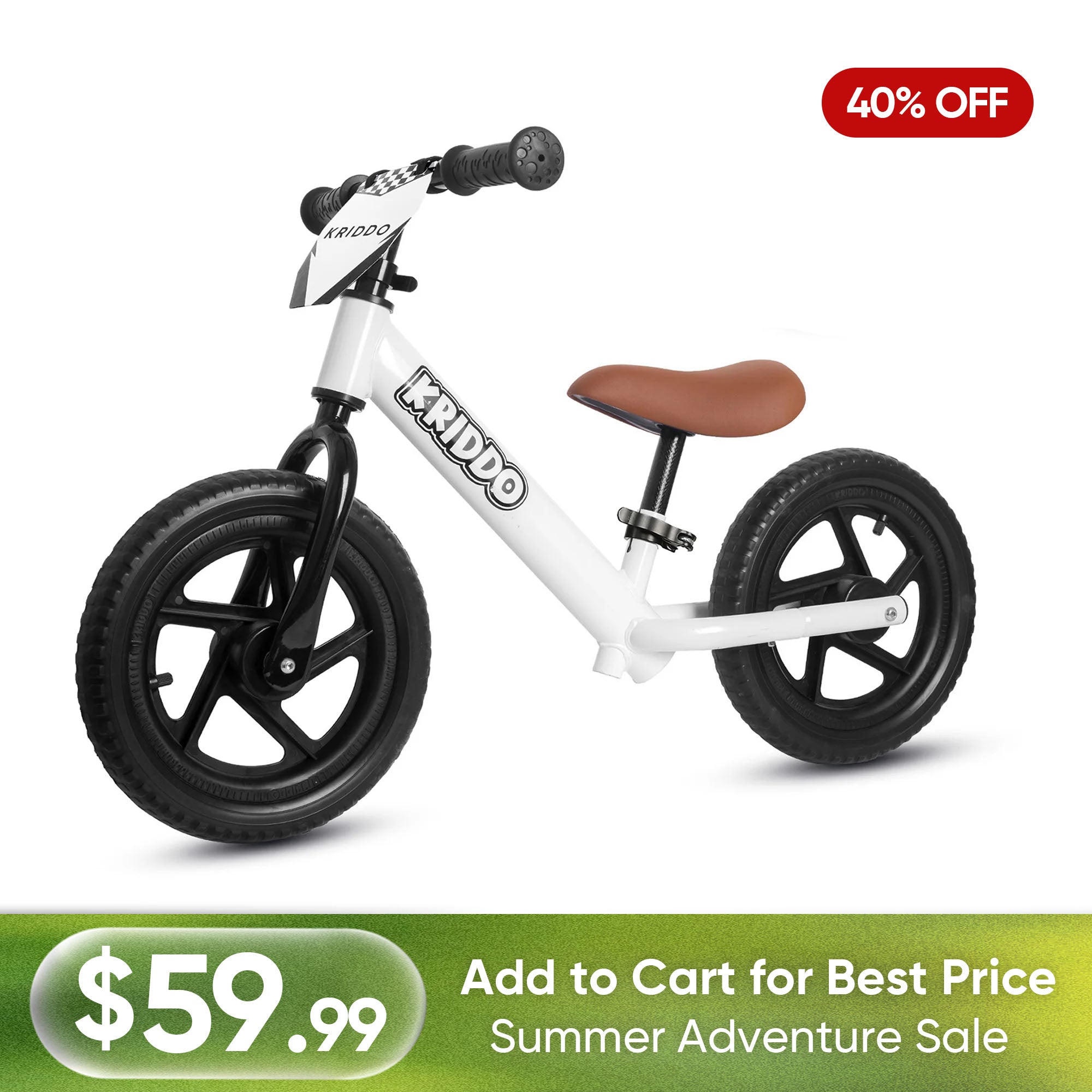 KRIDDO 12 Inch Toddler Balance Bike with Custom Name Plate for Ages 2–5 White