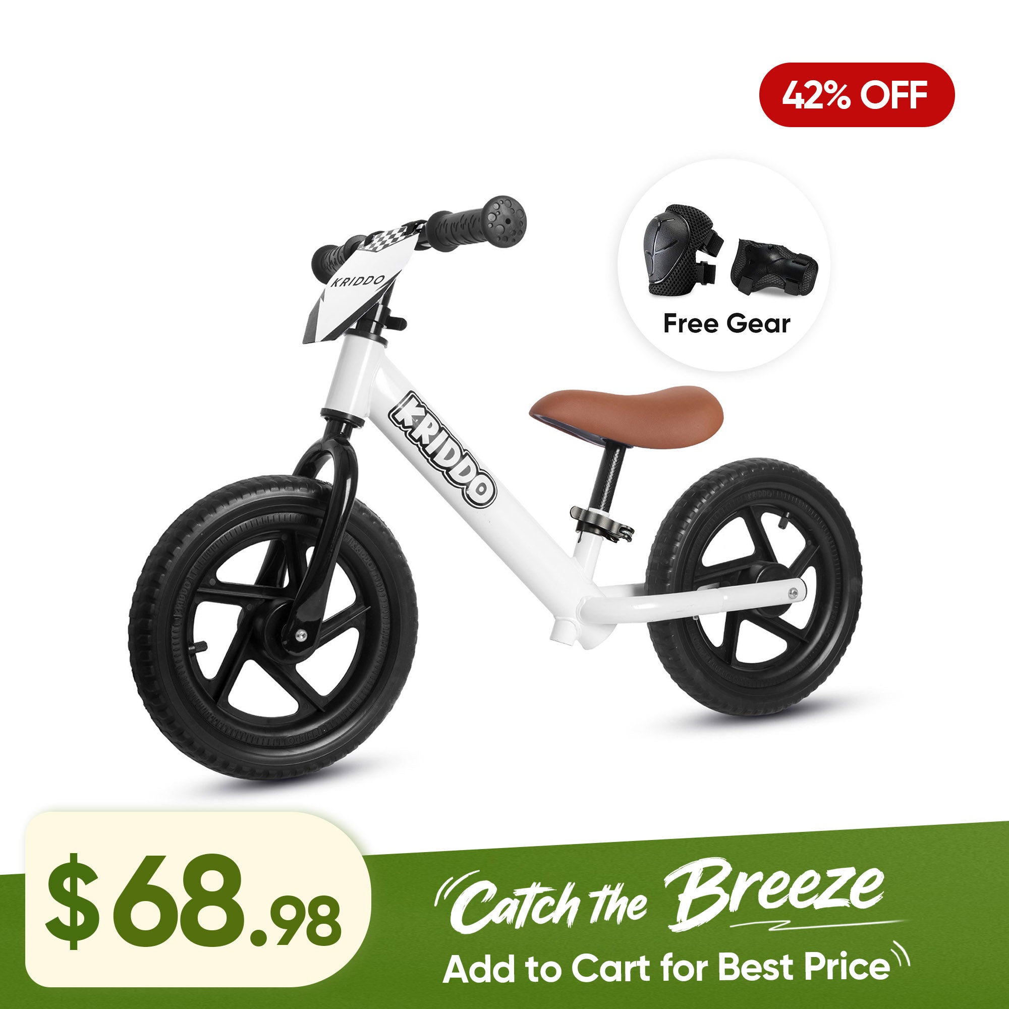 KRIDDO 12 Inch Toddler Balance Bike with Custom Name Plate for Ages 2–5 White, Includes Free Protective Gear Set