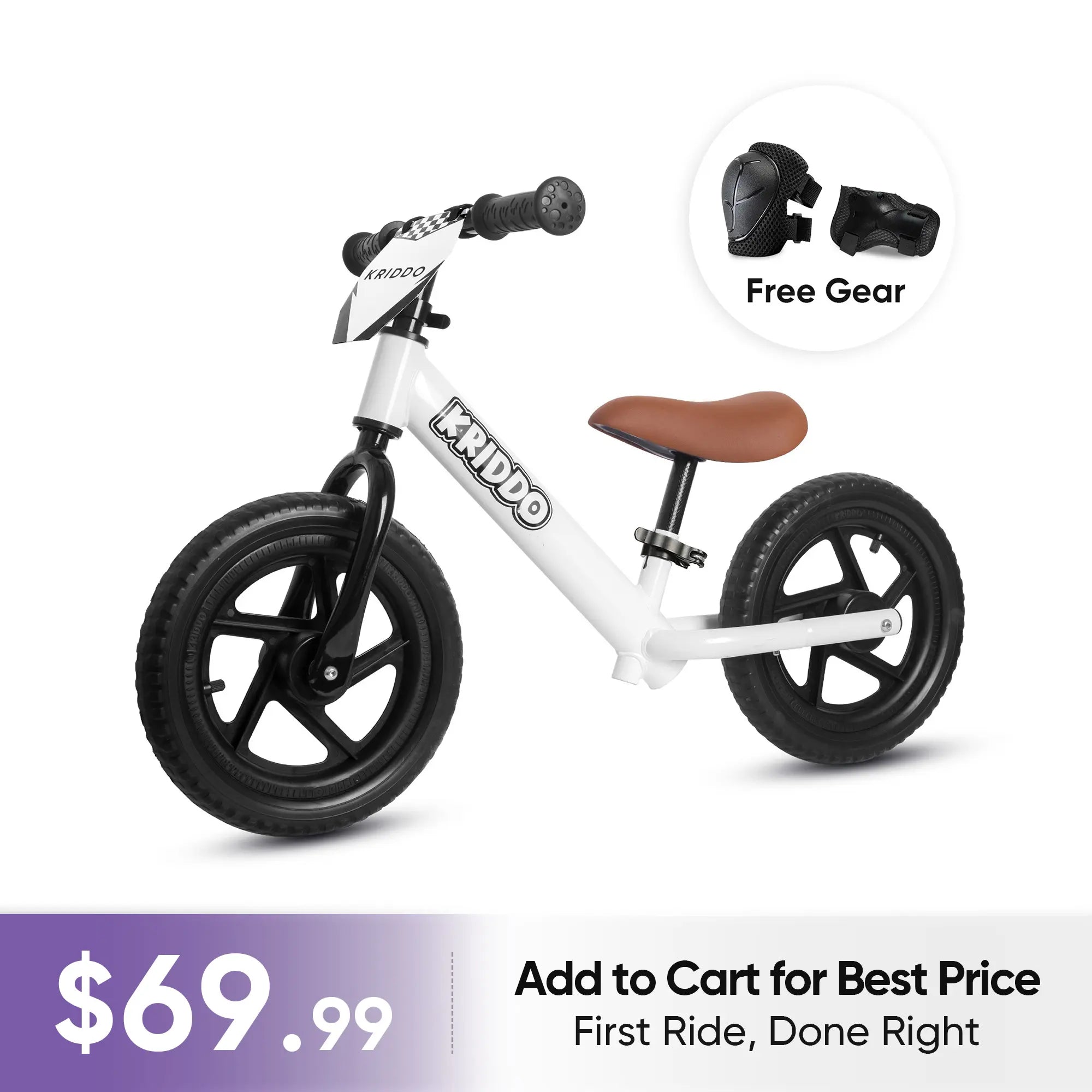 KRIDDO 12 Inch Toddler Balance Bike with Custom Name Plate for Ages 2–5 White, Includes Free Protective Gear Set