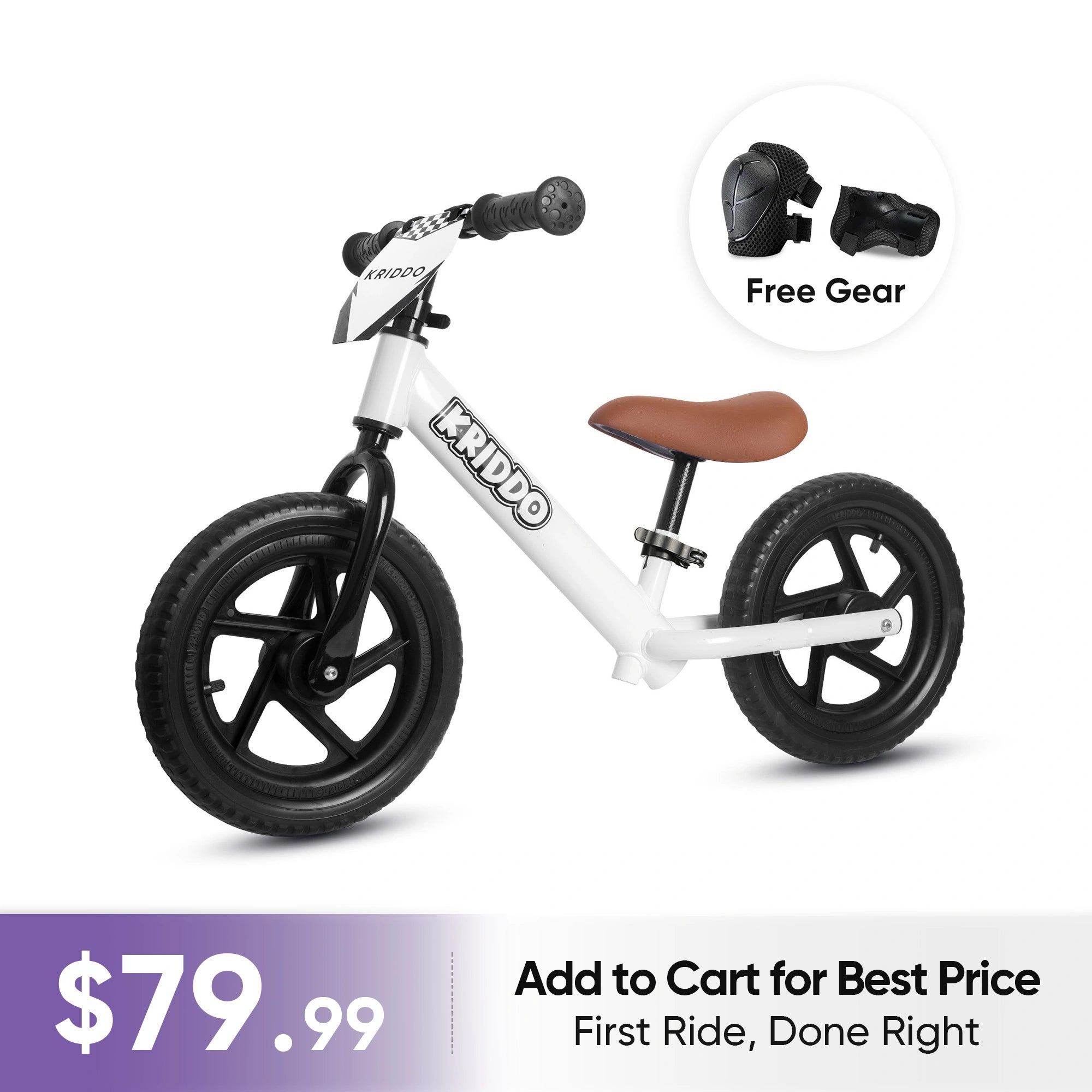KRIDDO 12 Inch Toddler Balance Bike with Custom Name Plate for Ages 2–5 White, Includes Free Protective Gear Set