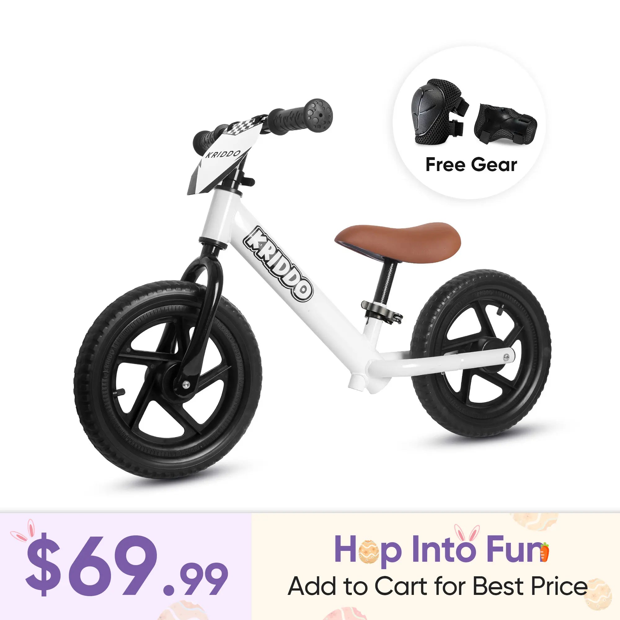 KRIDDO 12 Inch Toddler Balance Bike with Custom Name Plate for Ages 2–5 White, Includes Free Protective Gear Set