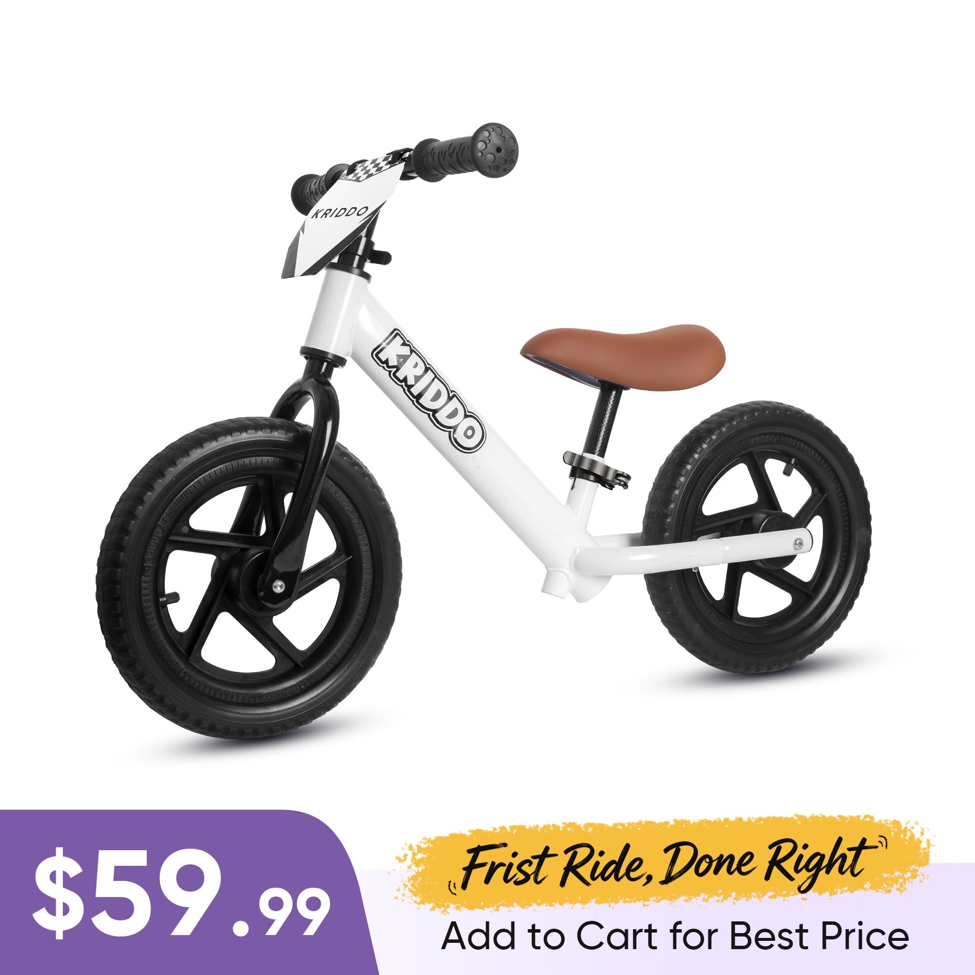 KRIDDO 12 Inch Toddler Balance Bike with Custom Name Plate for Ages 2–5 White