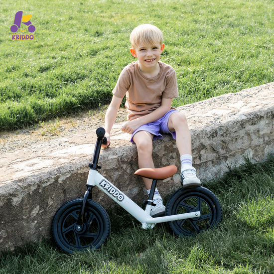 Child sitting on a stone ledge with a KRIDDO balance bike outdoors