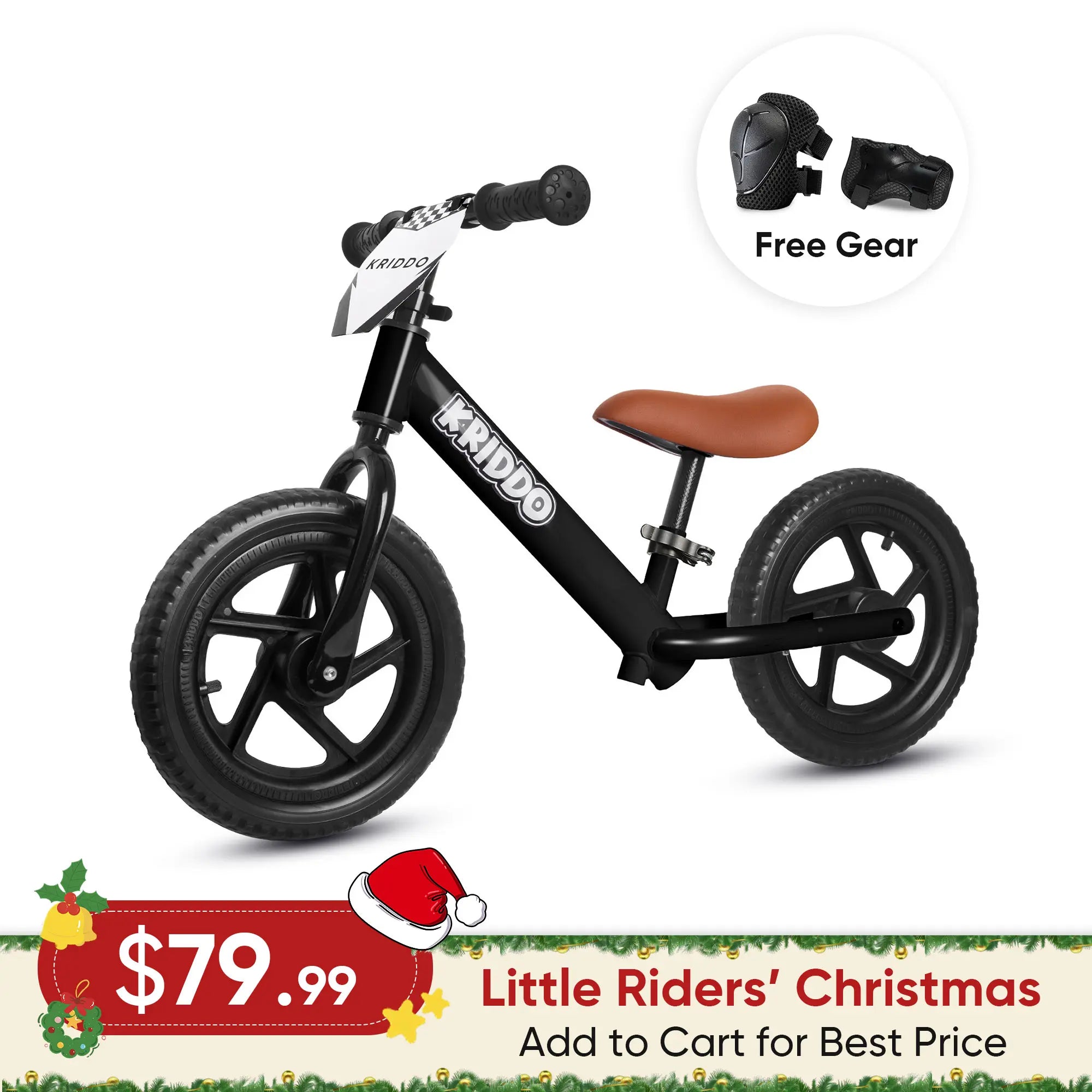 KRIDDO 12 Inch Toddler Balance Bike with Custom Name Plate for Ages 2–5 Black, Includes Free Protective Gear Set