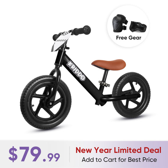 KRIDDO 12 Inch Toddler Balance Bike with Custom Name Plate for Ages 2–5 White, Includes Free Protective Gear Set Black