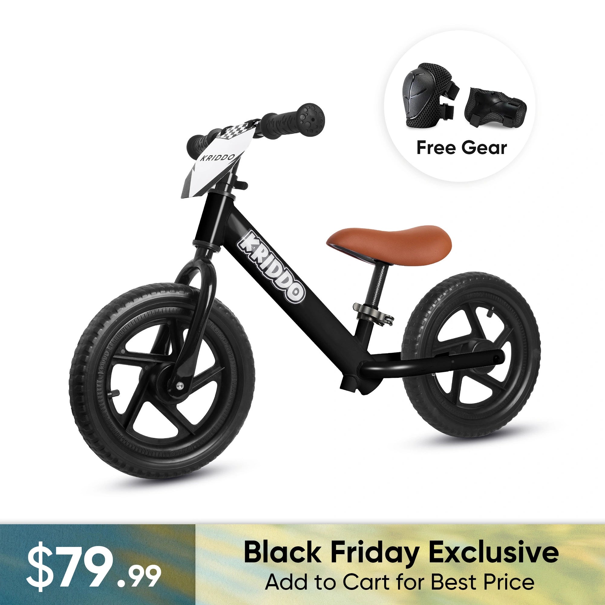 KRIDDO 12 Inch Toddler Balance Bike with Custom Name Plate for Ages 2–5 Black, Includes Free Protective Gear Set