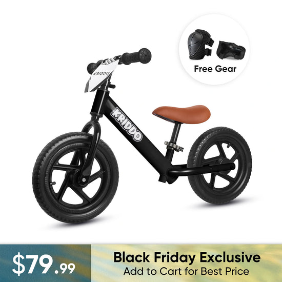 KRIDDO 12 Inch Toddler Balance Bike with Custom Name Plate for Ages 2–5 Black, Includes Free Protective Gear Set