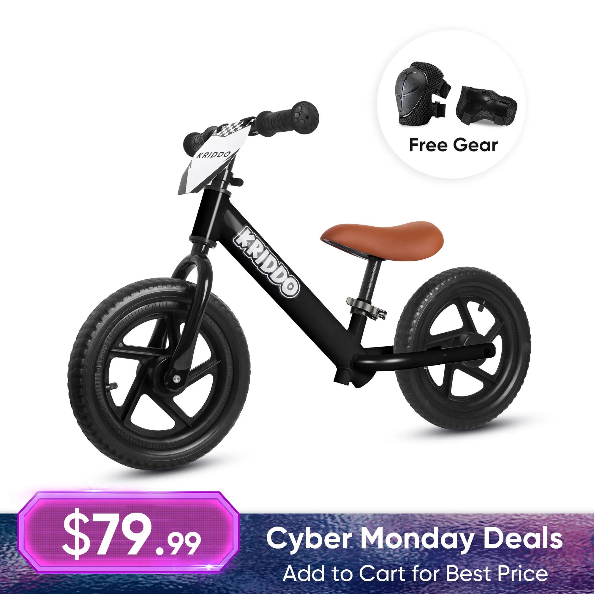 KRIDDO 12 Inch Toddler Balance Bike with Custom Name Plate for Ages 2–5 Black, Includes Free Protective Gear Set