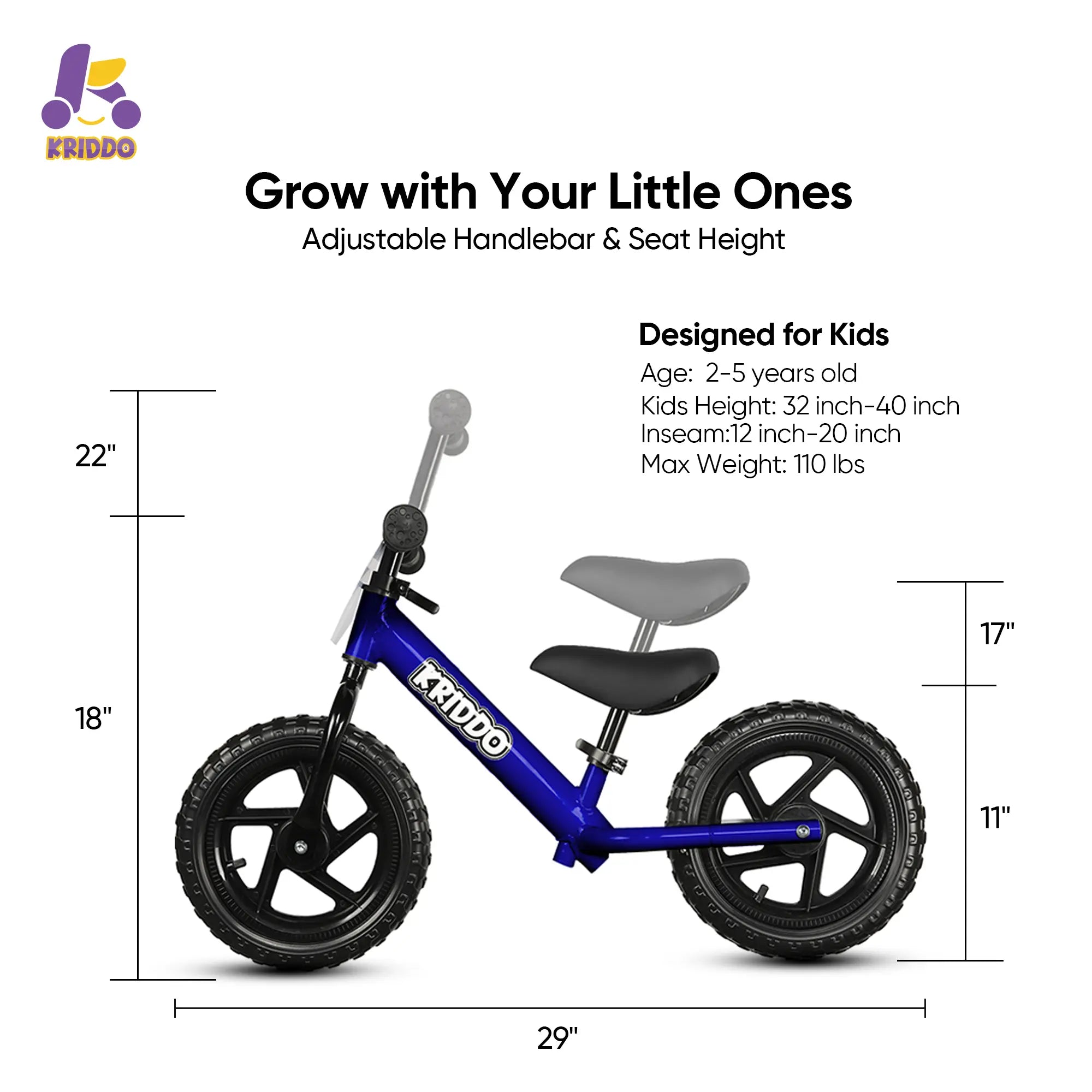KRIDDO Toddler 12 Inch Balance Bike with Customizable Plate for Ages 2 to 5 Years Blue