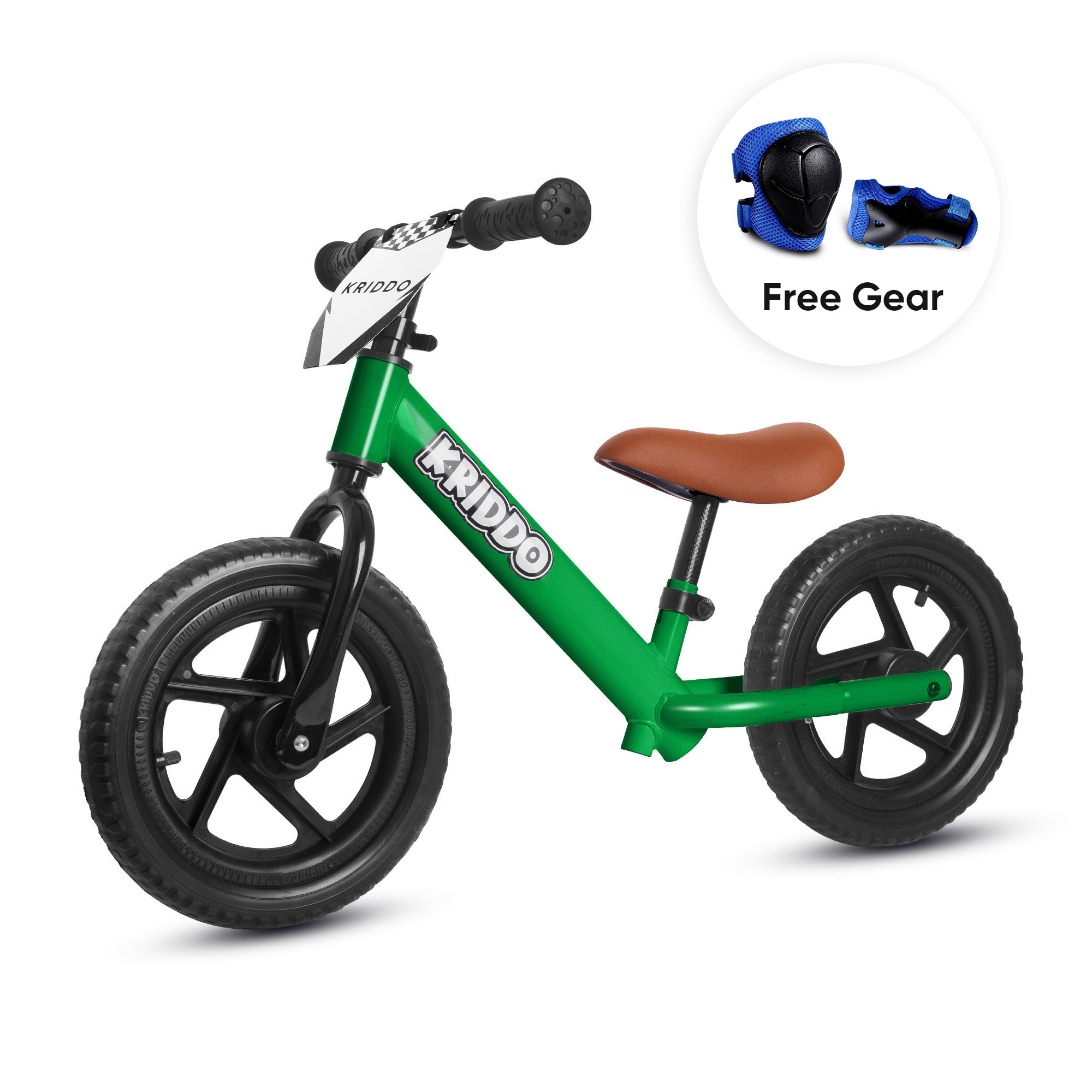 KRIDDO 12 Inch Toddler Balance Bike with Custom Name Plate for Ages 2–5 Green, Includes Free Protective Gear Set