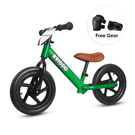 KRIDDO 12 Inch Toddler Balance Bike with Custom Name Plate for Ages 2–5 Green, Includes Free Protective Gear Set