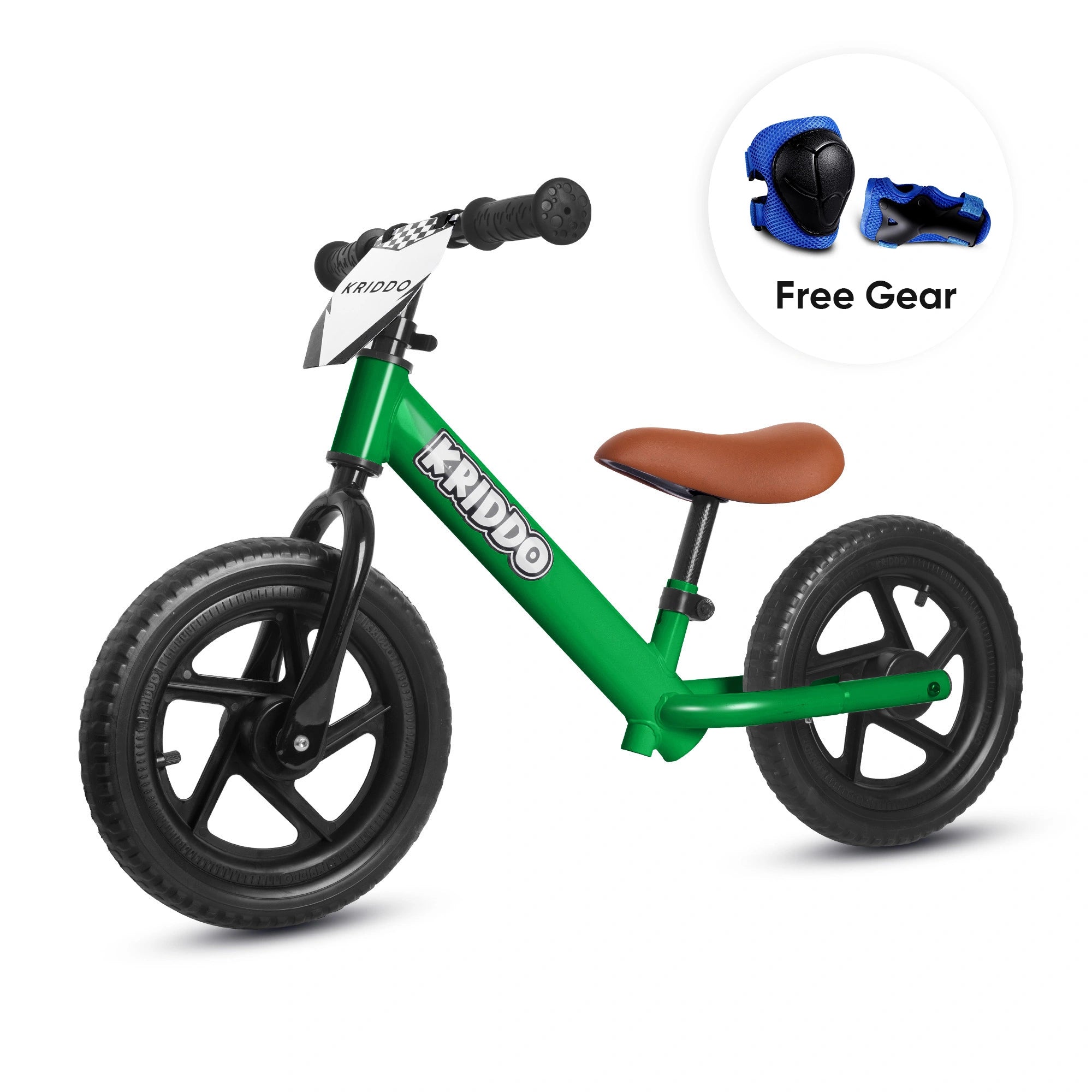 KRIDDO 12 Inch Toddler Balance Bike with Custom Name Plate for Ages 2–5 White, Includes Free Protective Gear Set Green