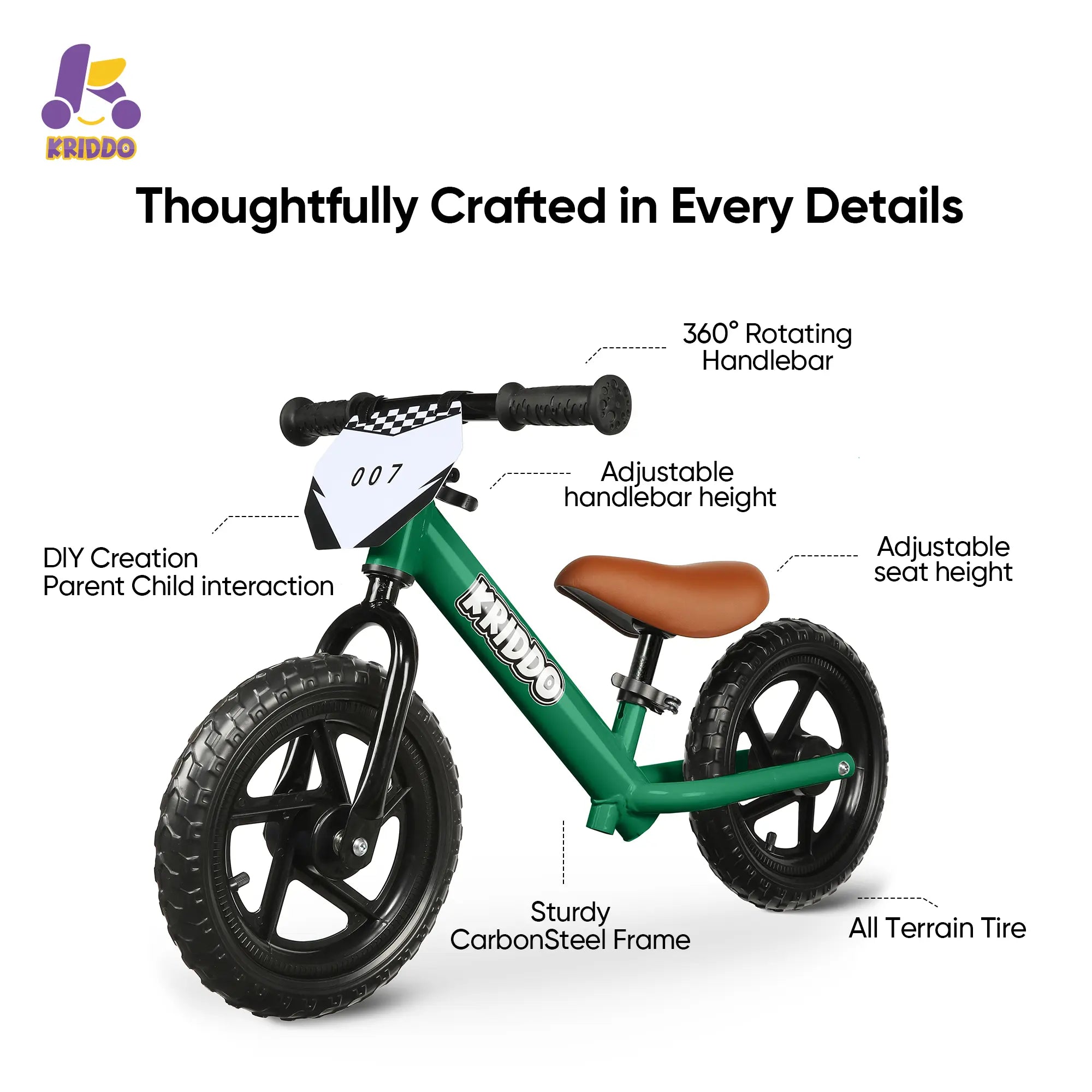 KRIDDO Toddler 12 Inch Balance Bike with Customizable Plate for Ages 2 to 5 Years Green