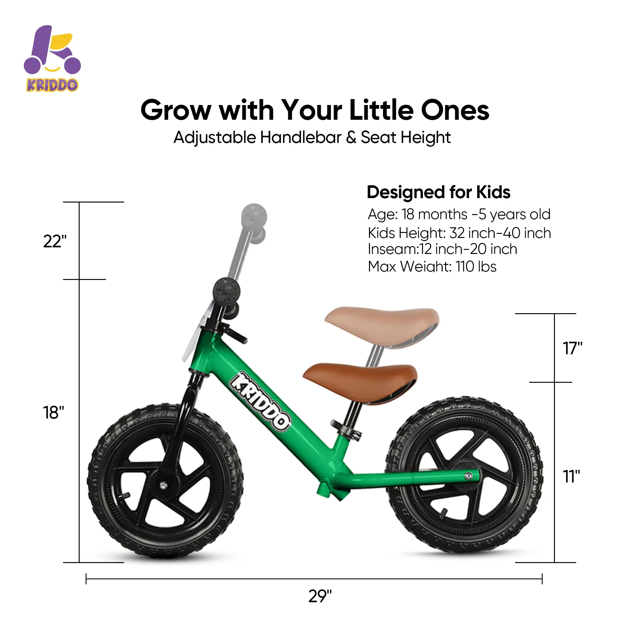 KRIDDO Toddler 12 Inch Balance Bike with Customizable Plate for Ages 2 to 5 Years Green