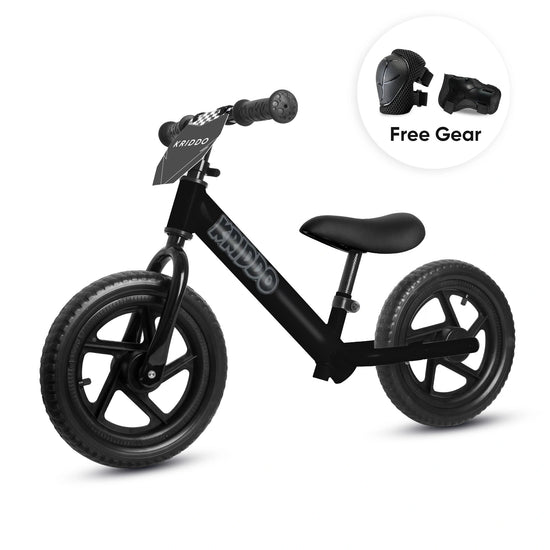 KRIDDO 12 Inch Toddler Balance Bike with Custom Name Plate for Ages 2–5 Matte Black, Includes Free Protective Gear Set