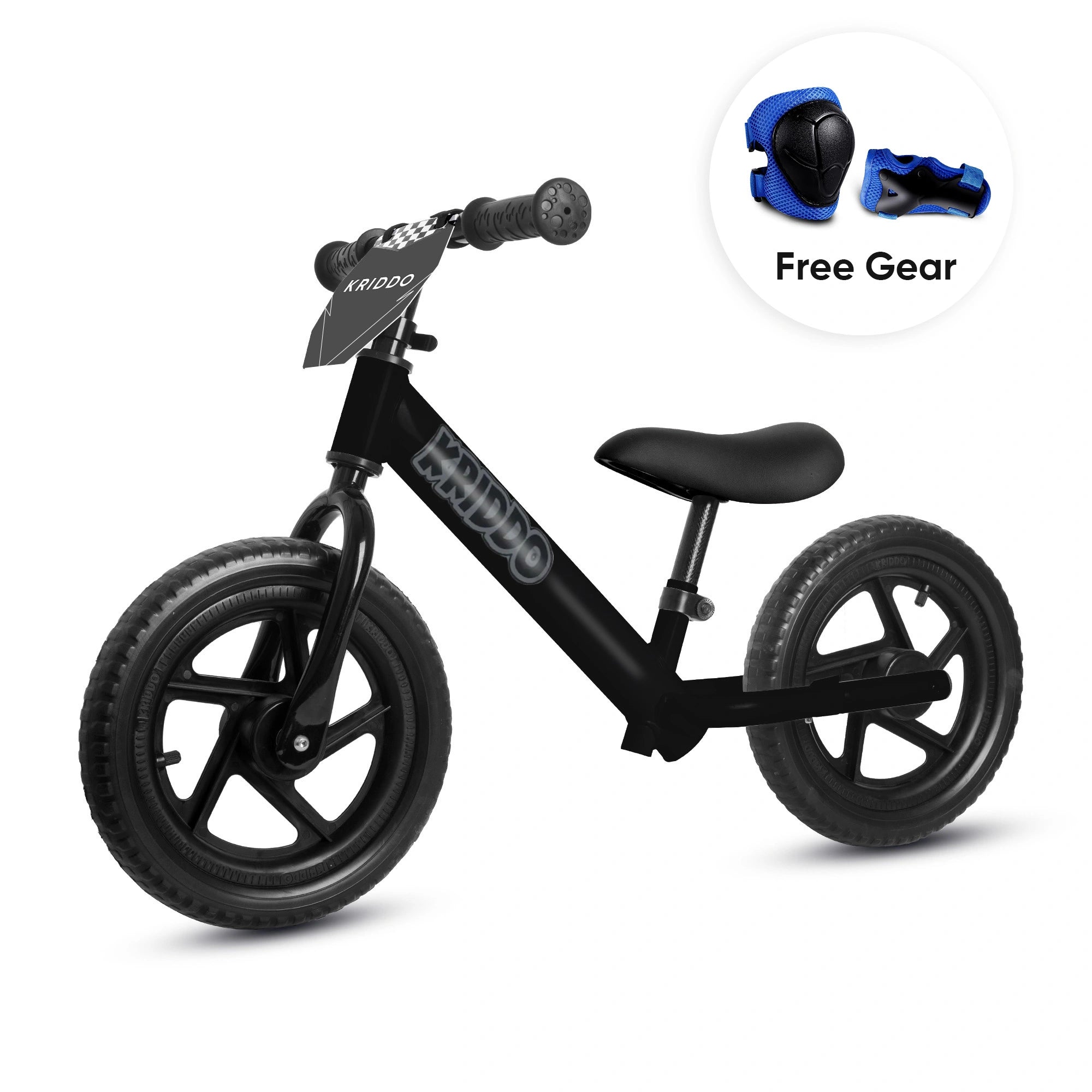 KRIDDO 12 Inch Toddler Balance Bike with Custom Name Plate for Ages 2–5 White, Includes Free Protective Gear Set Matte Black