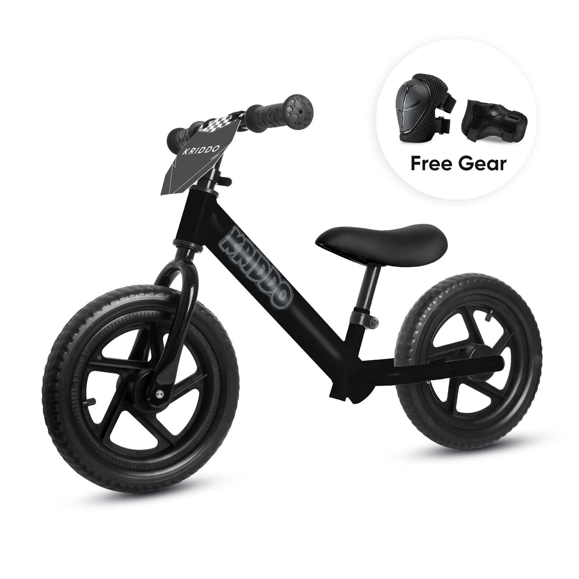 KRIDDO 12 Inch Toddler Balance Bike with Custom Name Plate for Ages 2–5 White, Includes Free Protective Gear Set Matte Black