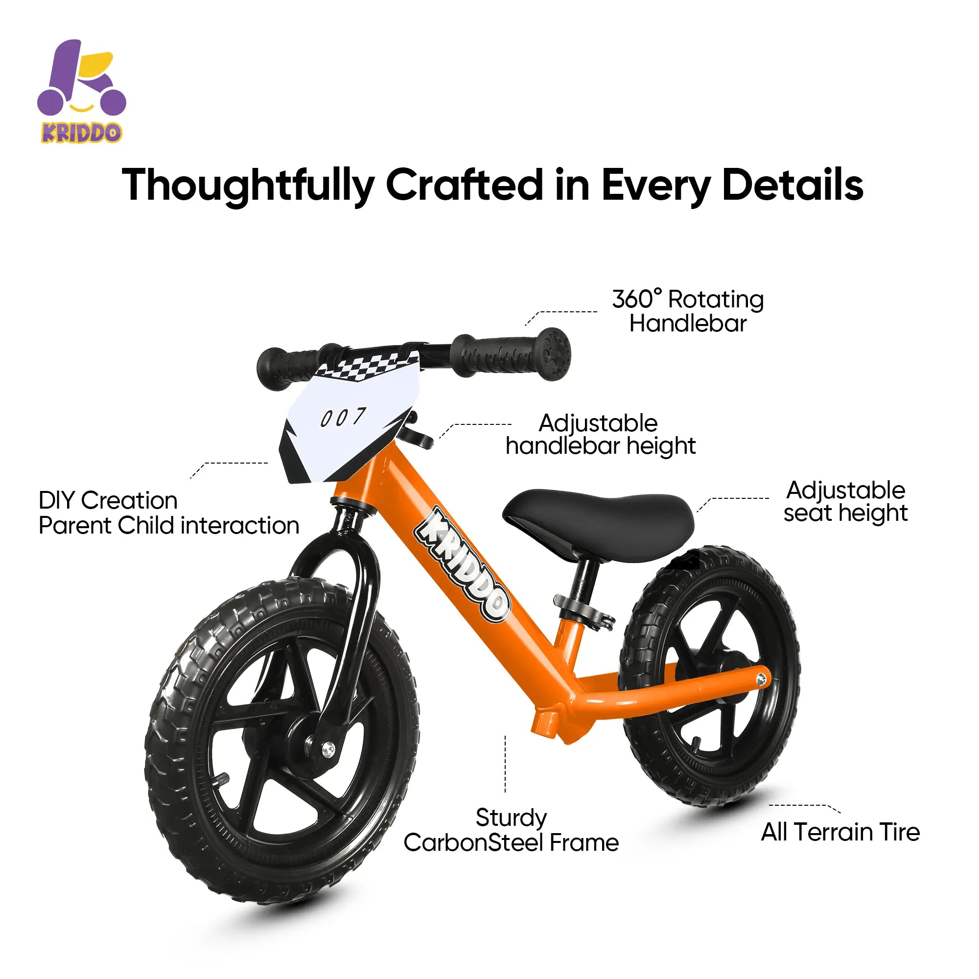 KRIDDO Toddler 12 Inch Balance Bike with Customizable Plate for Ages 2 to 5 Years Orange