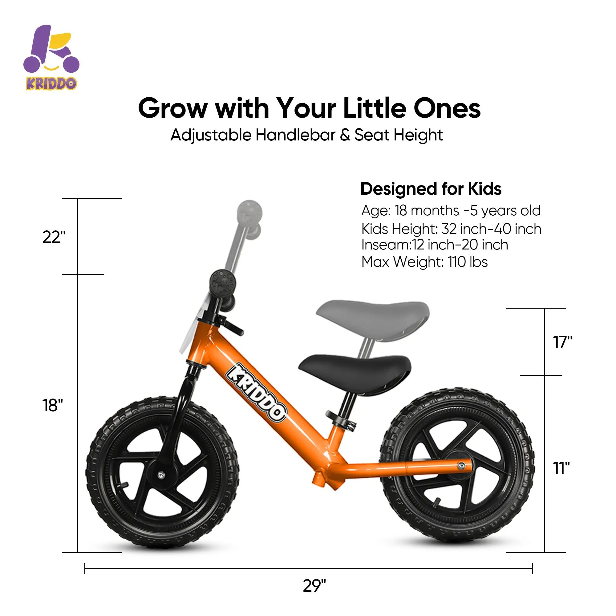 KRIDDO Toddler 12 Inch Balance Bike with Customizable Plate for Ages 2 to 5 Years Orange